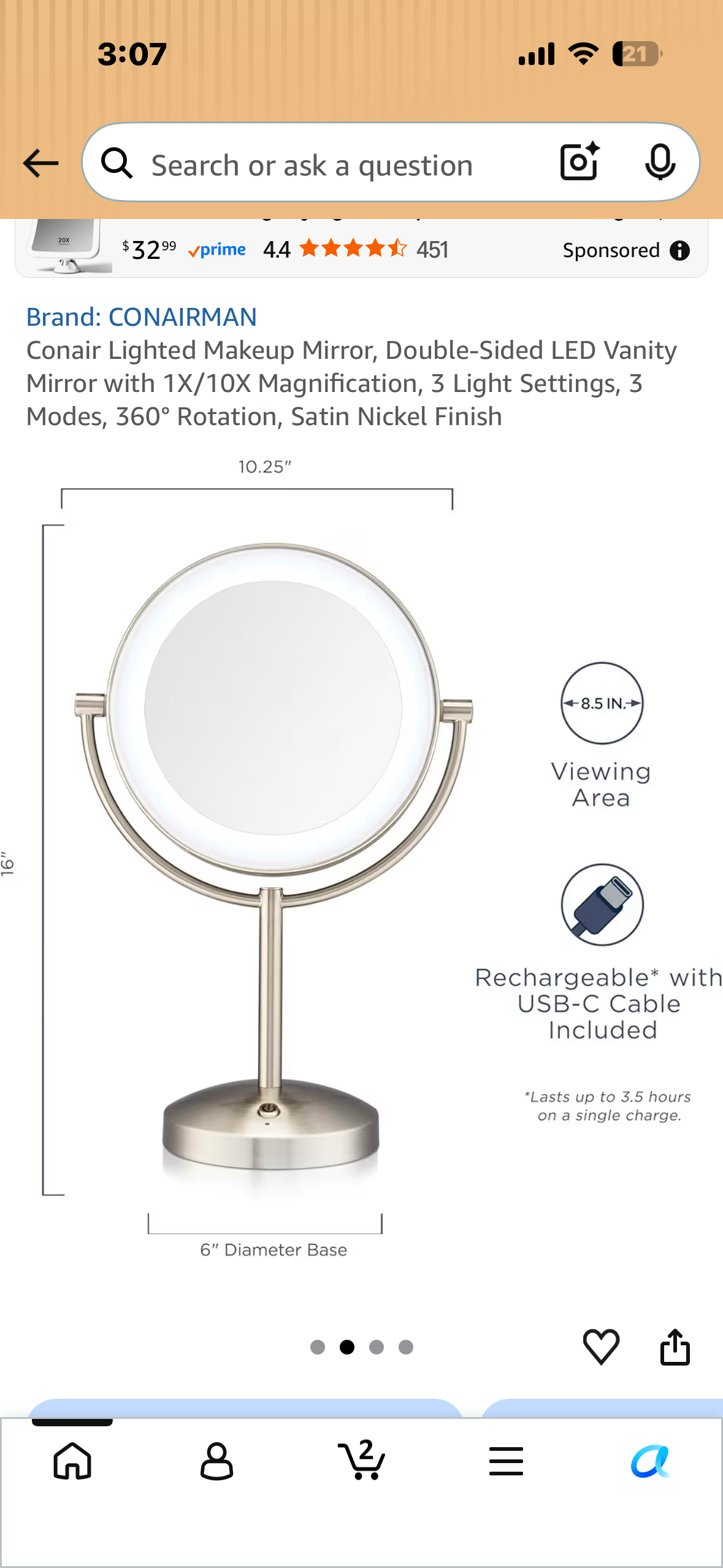 Conair Lighted Makeup Mirror, Double-Sided LED Vanity Mirror with 1X/10X Magnification, 3 Light Settings, 3 Modes, 360° Rotation, Satin Nickel Finish