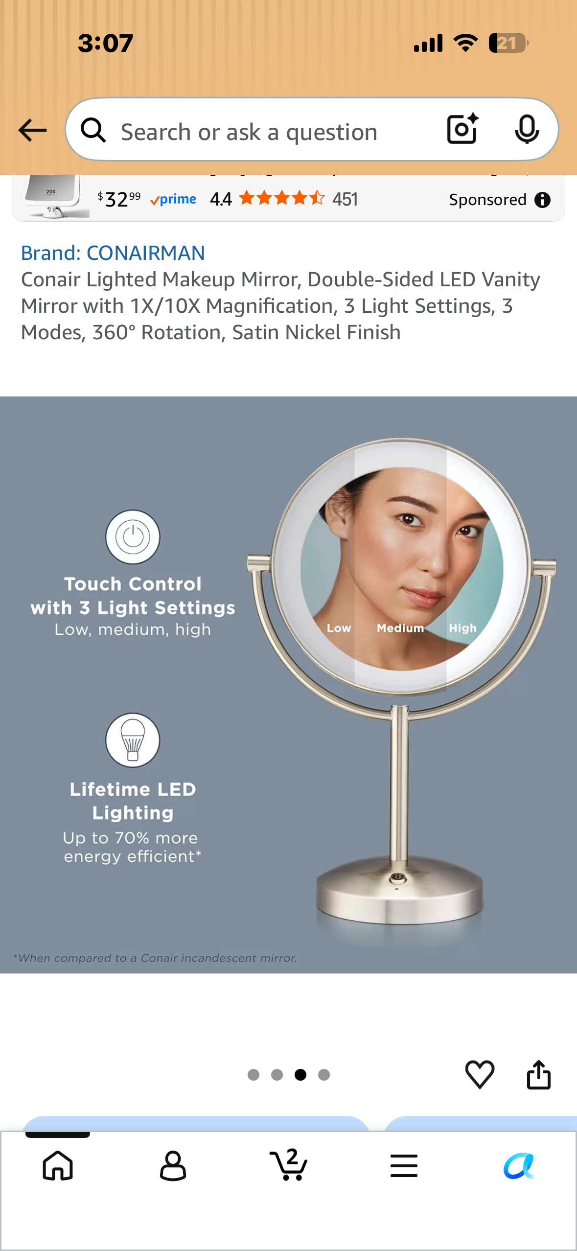 Conair Lighted Makeup Mirror, Double-Sided LED Vanity Mirror with 1X/10X Magnification, 3 Light Settings, 3 Modes, 360° Rotation, Satin Nickel Finish