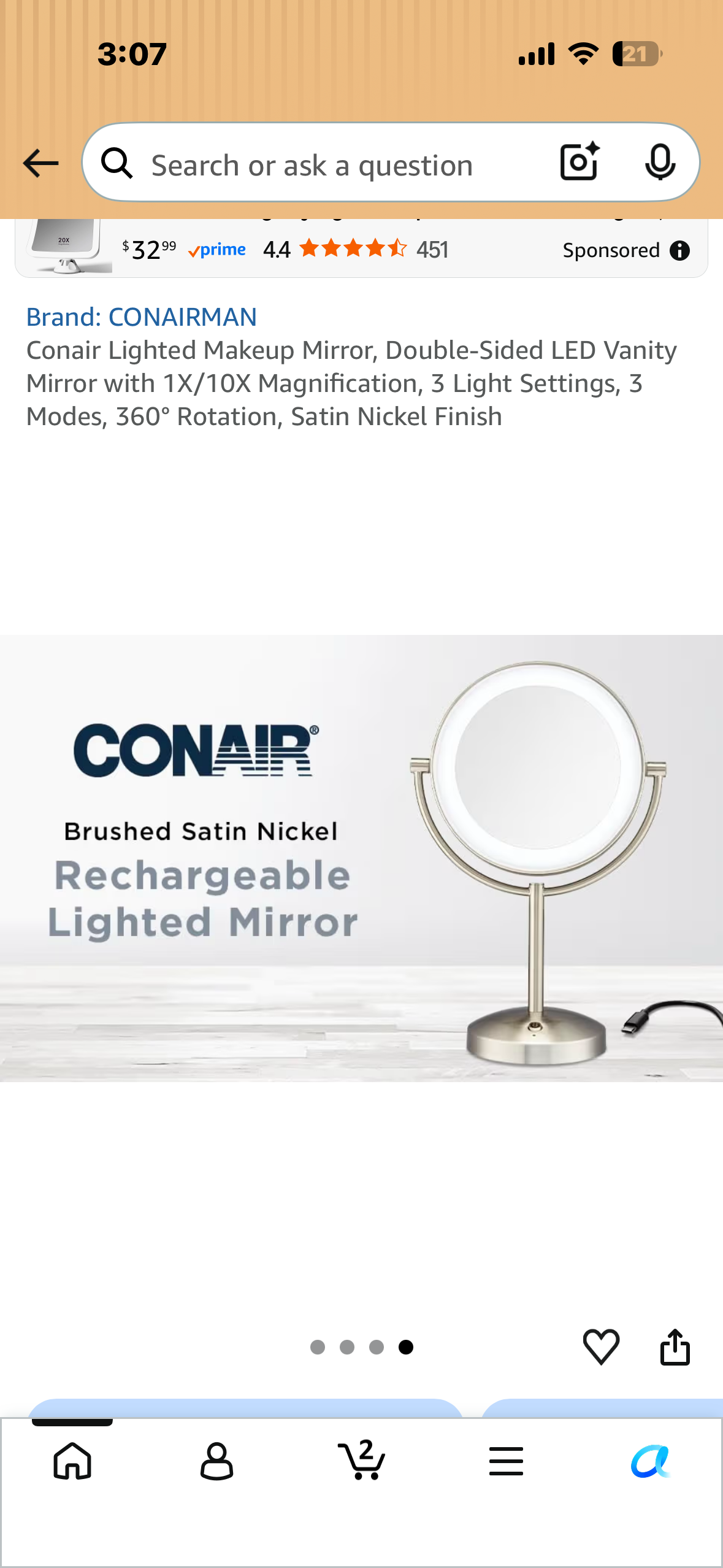 Conair Lighted Makeup Mirror, Double-Sided LED Vanity Mirror with 1X/10X Magnification, 3 Light Settings, 3 Modes, 360° Rotation, Satin Nickel Finish