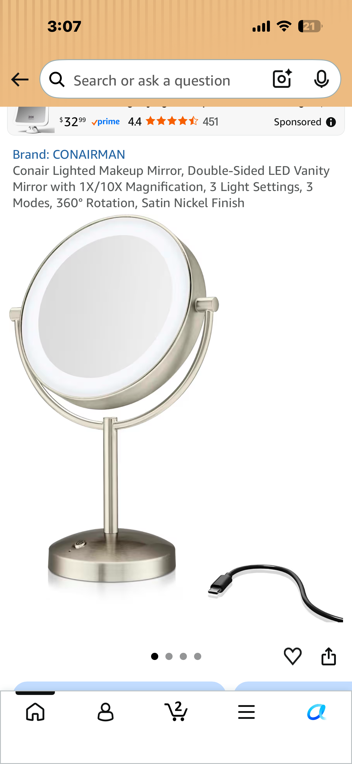 Conair Lighted Makeup Mirror, Double-Sided LED Vanity Mirror with 1X/10X Magnification, 3 Light Settings, 3 Modes, 360° Rotation, Satin Nickel Finish