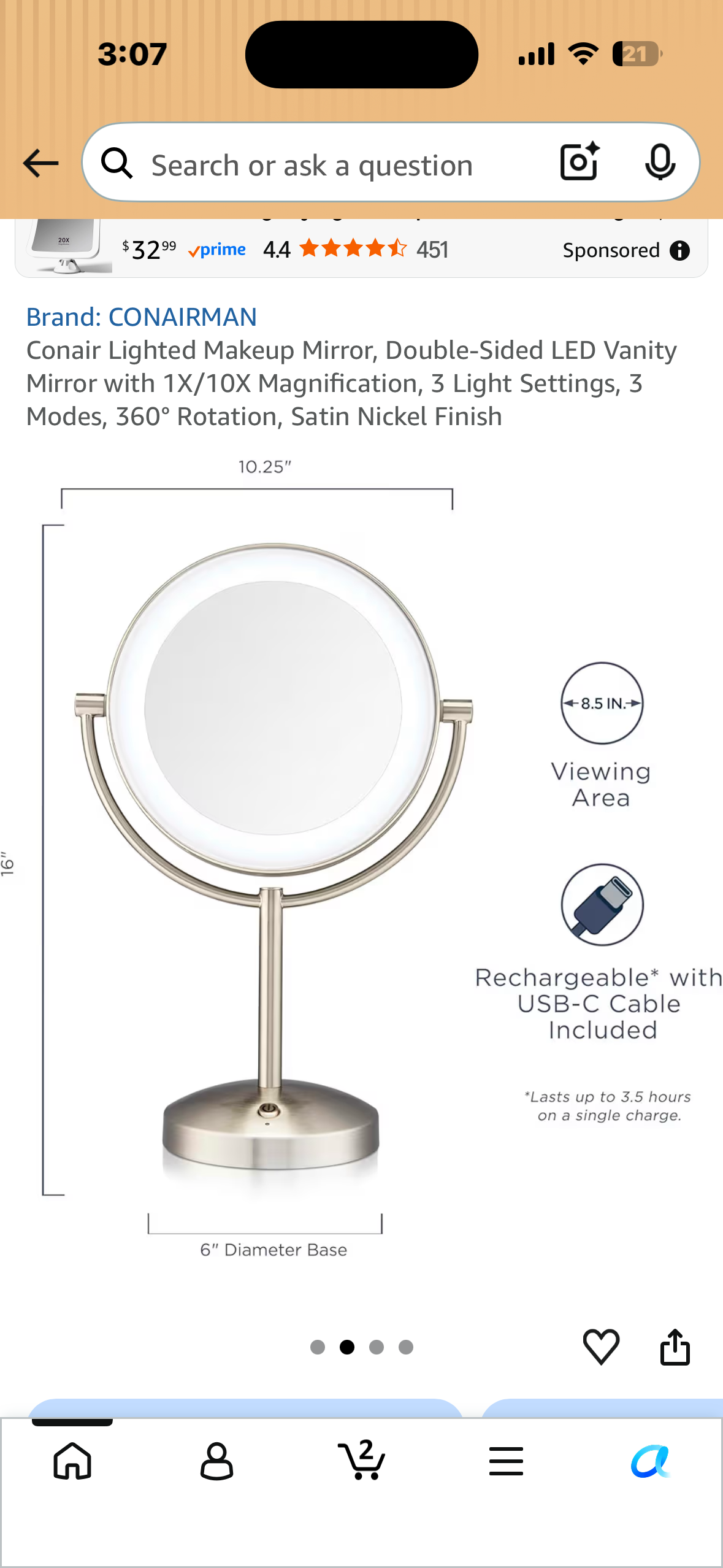 Conair Lighted Makeup Mirror, Double-Sided LED Vanity Mirror with 1X/10X Magnification, 3 Light Settings, 3 Modes, 360° Rotation, Satin Nickel Finish