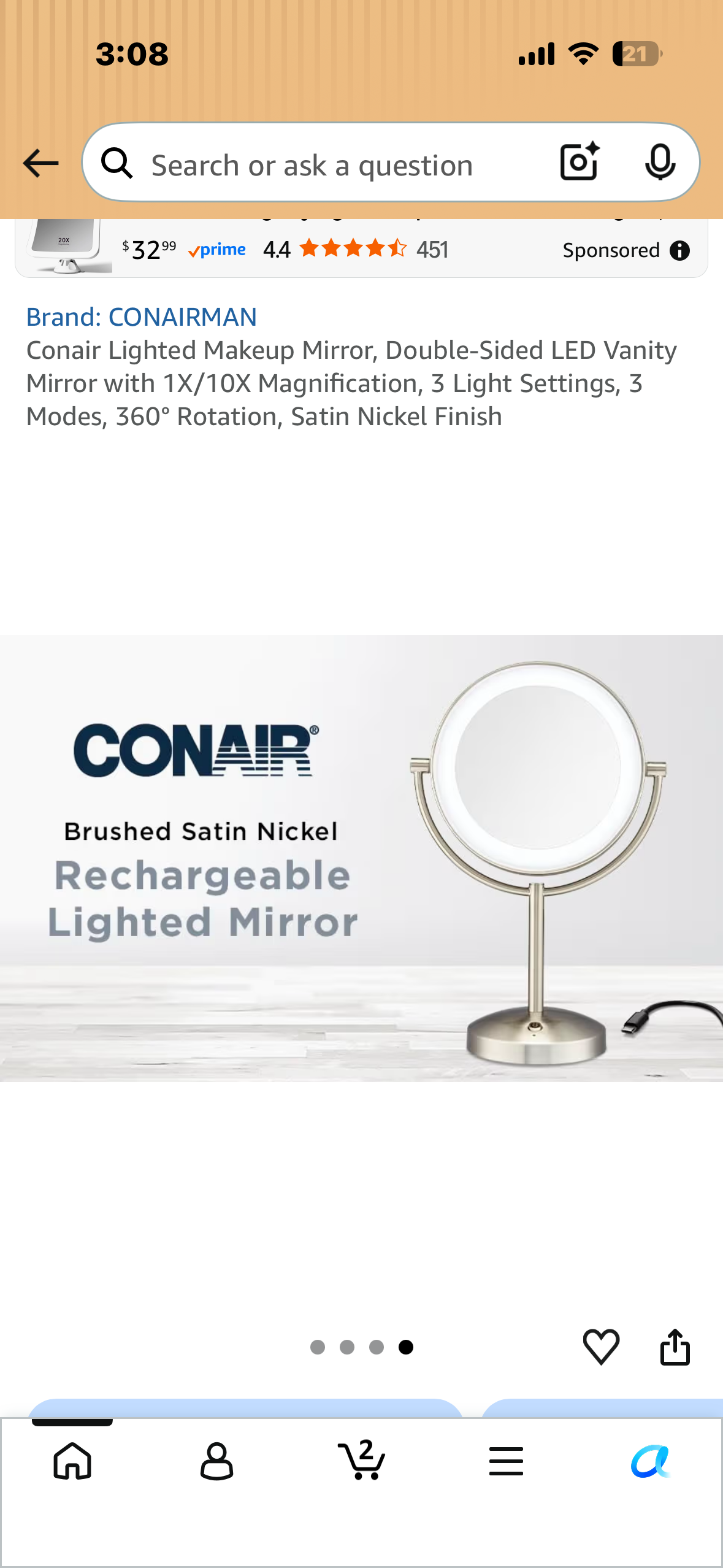 Conair Lighted Makeup Mirror, Double-Sided LED Vanity Mirror with 1X/10X Magnification, 3 Light Settings, 3 Modes, 360° Rotation, Satin Nickel Finish
