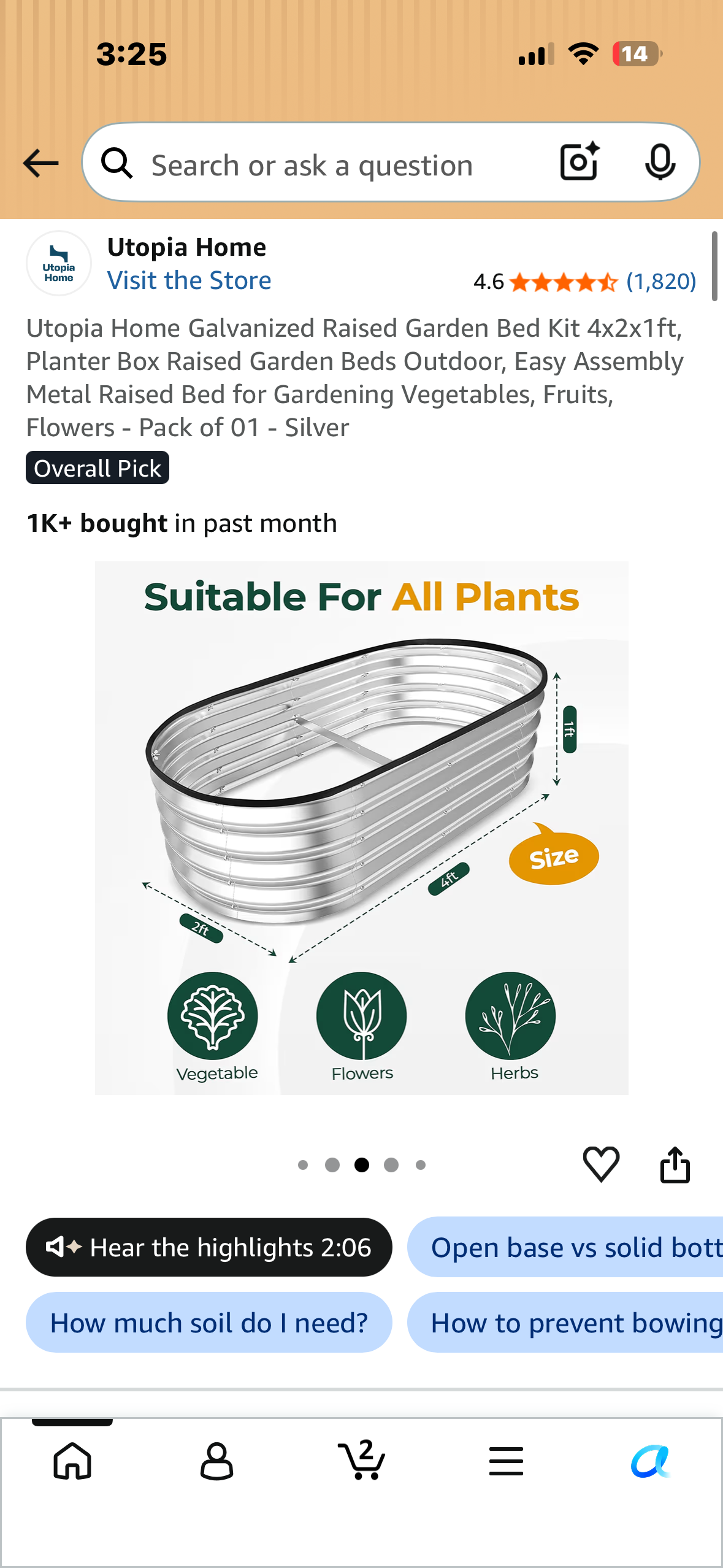 Utopia Galvanized Raised Home Garden Bed Kit 4x2x1ft, Easy Assembly, Metal Raised Bed for Gardening Vegetables, Fruits, Flowers -Silver