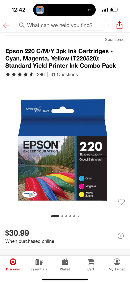 Epson 220 C/M/Y 3pk Ink Cartridges - Cyan, Magenta, Yellow (T220520): Standard Yield Printer Ink Combo Pack