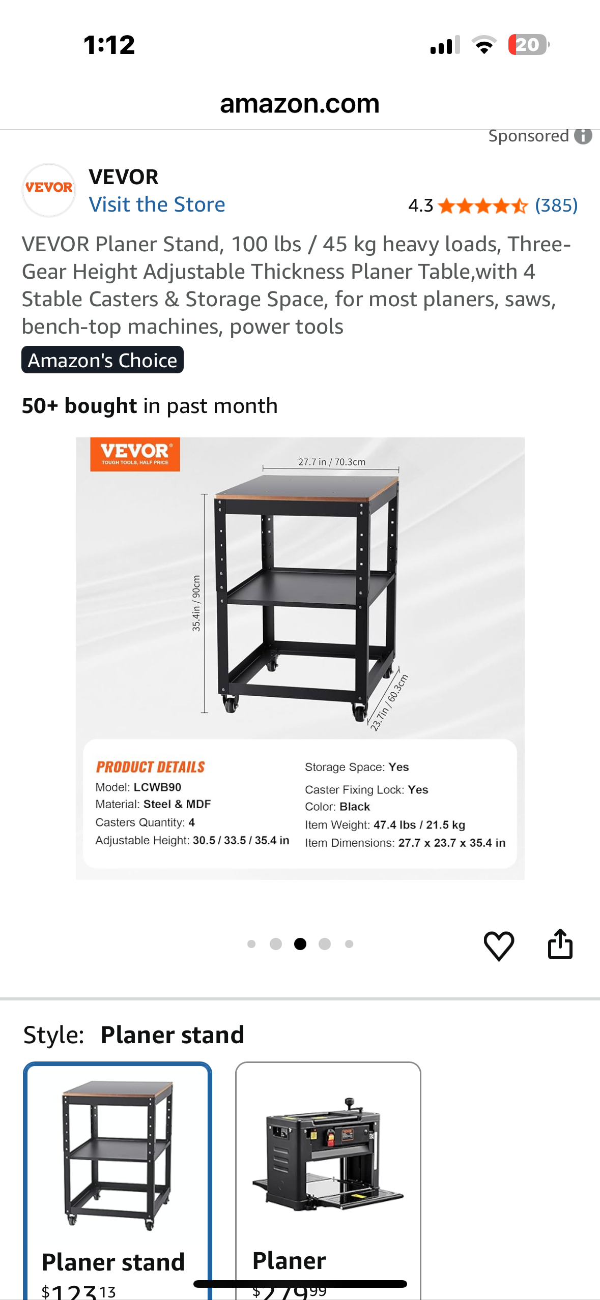 VEVOR Portable Workbench,Planer Stand, 100 lbs / 45 kg heavy loads,  Adjustable Thickness Planer Table, with 4 Stable Casters & Storage Space, for most planers, saws, bench-top machines, power tools (G905)