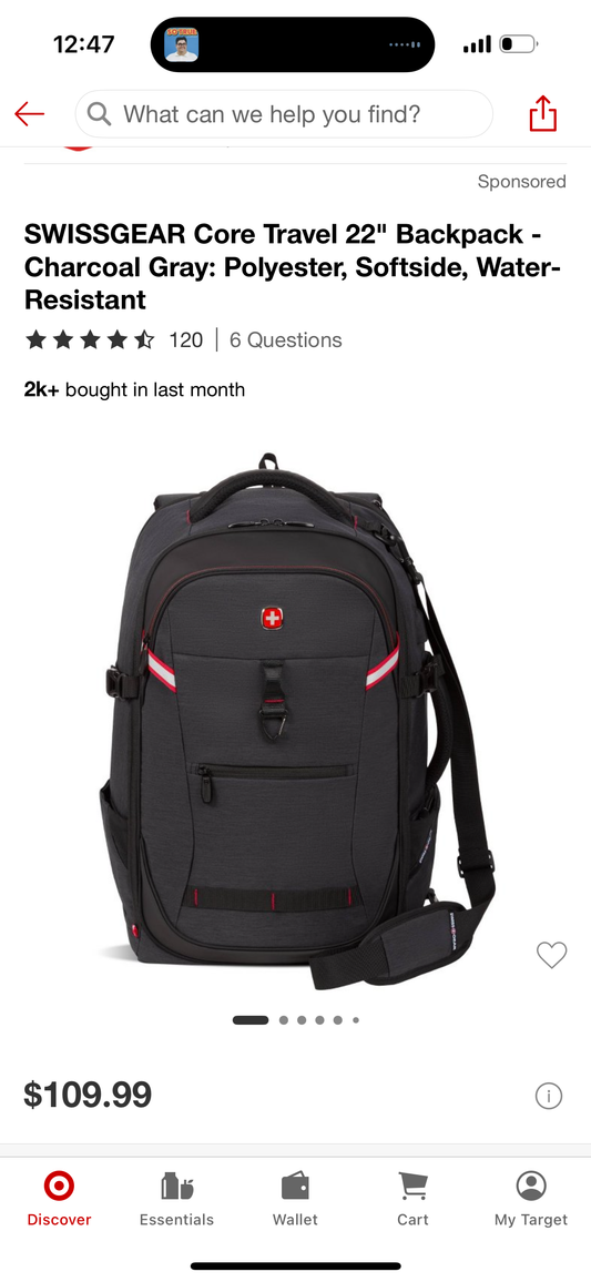 SWISSGEAR Core Travel 22" Backpack - Charcoal Gray: Polyester, Softside, Water-Resistant