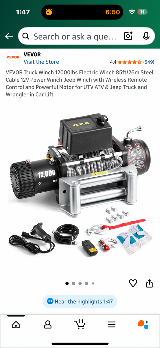 VEVOR Truck Winch 12000lbs Electric Winch, 85ft/26m Steel Cable 12V Power Winch with Wireless Remote Control and Powerful Motor for UTV, ATV, Jeep, Truck (G906)