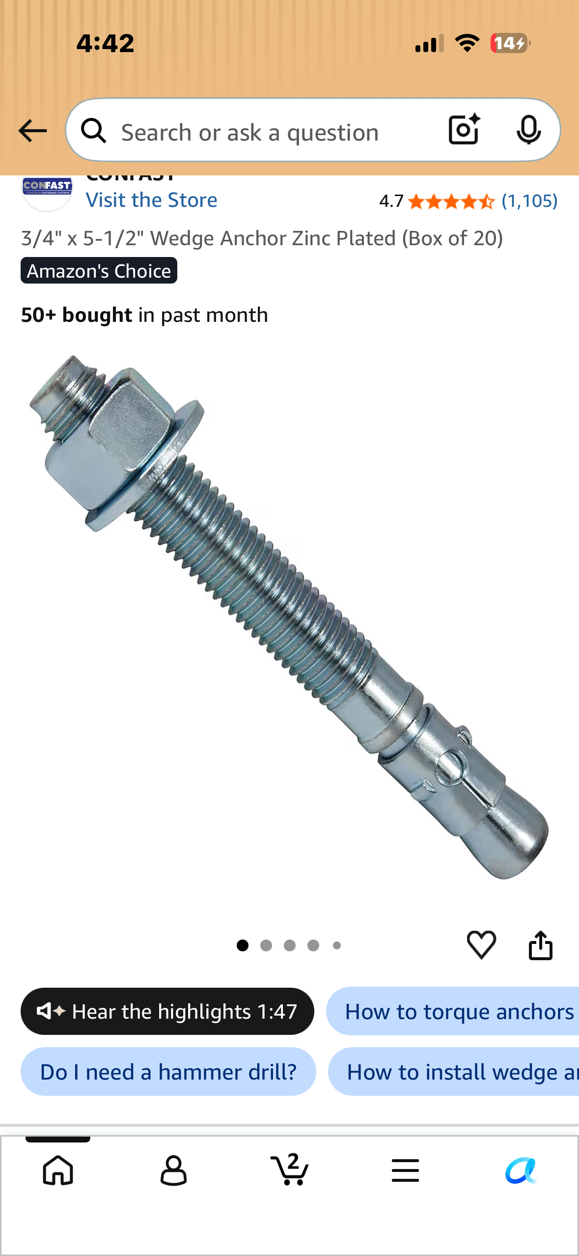 3/4 x 5-1/2 Inch Wedge Anchor, 25 PCs Zinc-Plated Industrial Anchor Bolts for Cement, Concrete