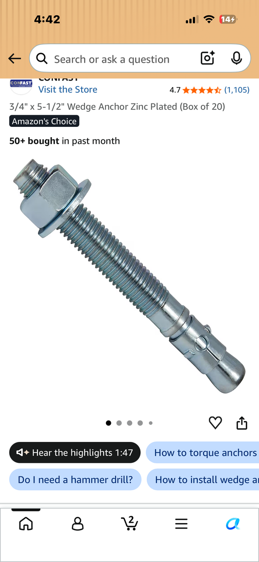 3/4 x 5-1/2 Inch Wedge Anchor, 25 PCs Zinc-Plated Industrial Anchor Bolts for Cement, Concrete