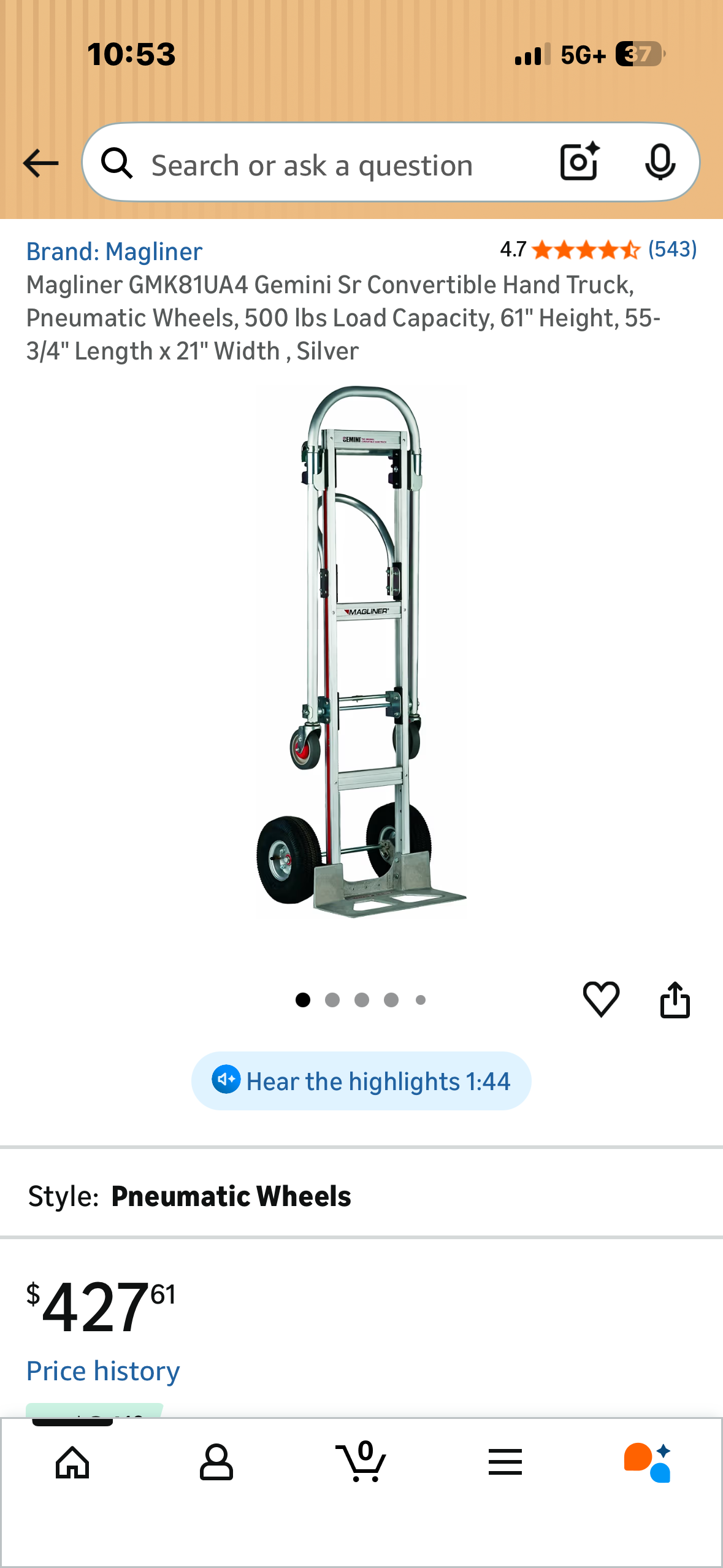 Magliner GMK81UA4 Gemini Sr Convertible Hand Truck, Pneumatic Wheels, 500 Ibs Load Capacity, 61" Height, 55-
3/4" Length × 21" Width, Silver (G1025)