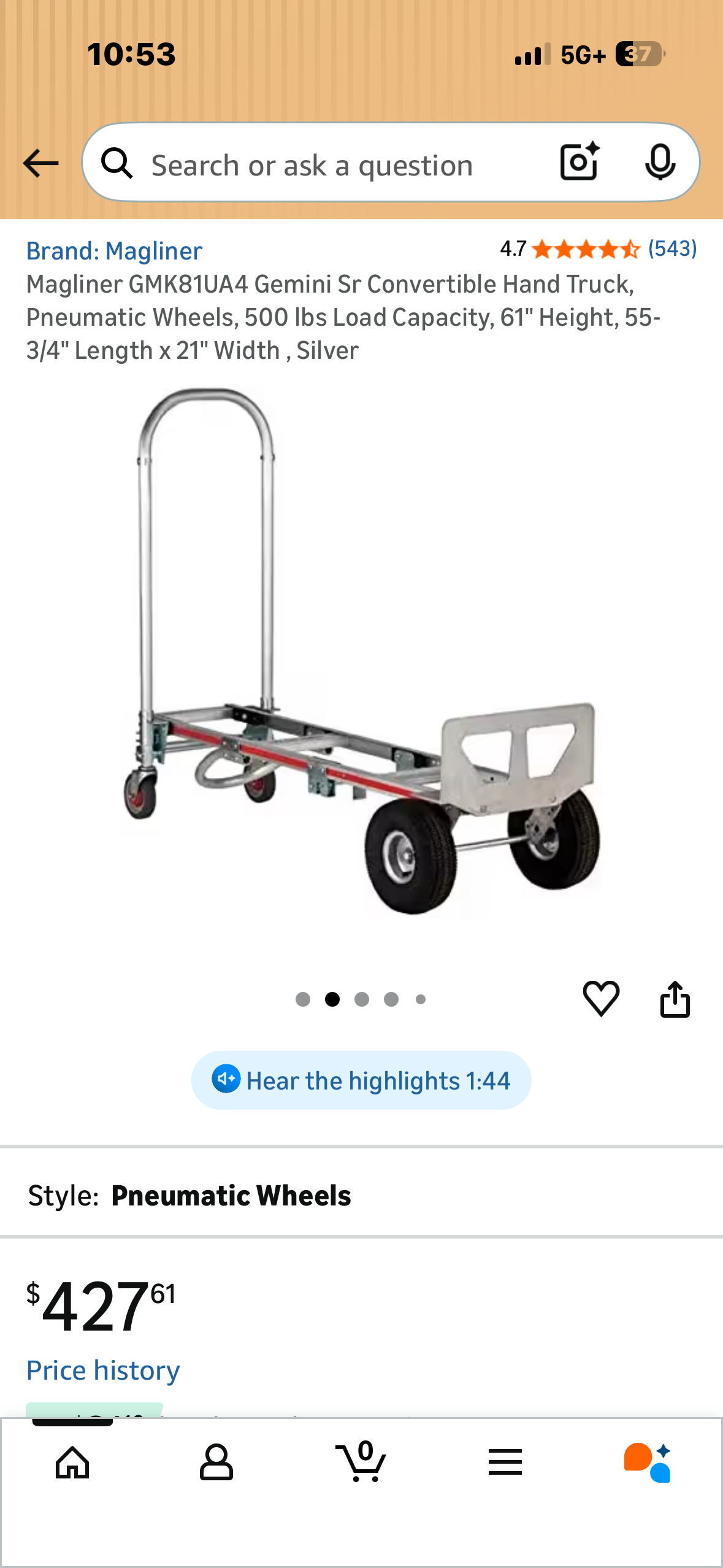 Magliner GMK81UA4 Gemini Sr Convertible Hand Truck, Pneumatic Wheels, 500 Ibs Load Capacity, 61" Height, 55-
3/4" Length × 21" Width, Silver (G1025)