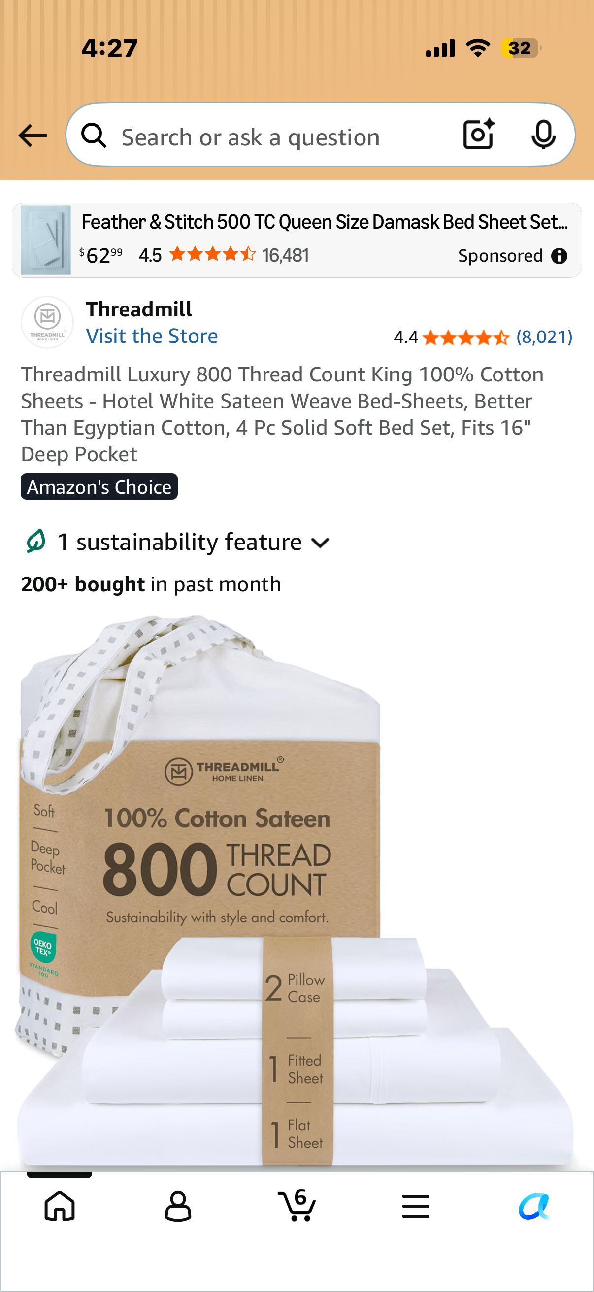 Threadmill Luxury 800 Thread Count King 100% Cotton Sheets - Hotel White Sateen Weave Bed-Sheets, Better Than Egyptian Cotton, 4 Pc Solid Soft Bed Set, Fits 16" Deep Pocket