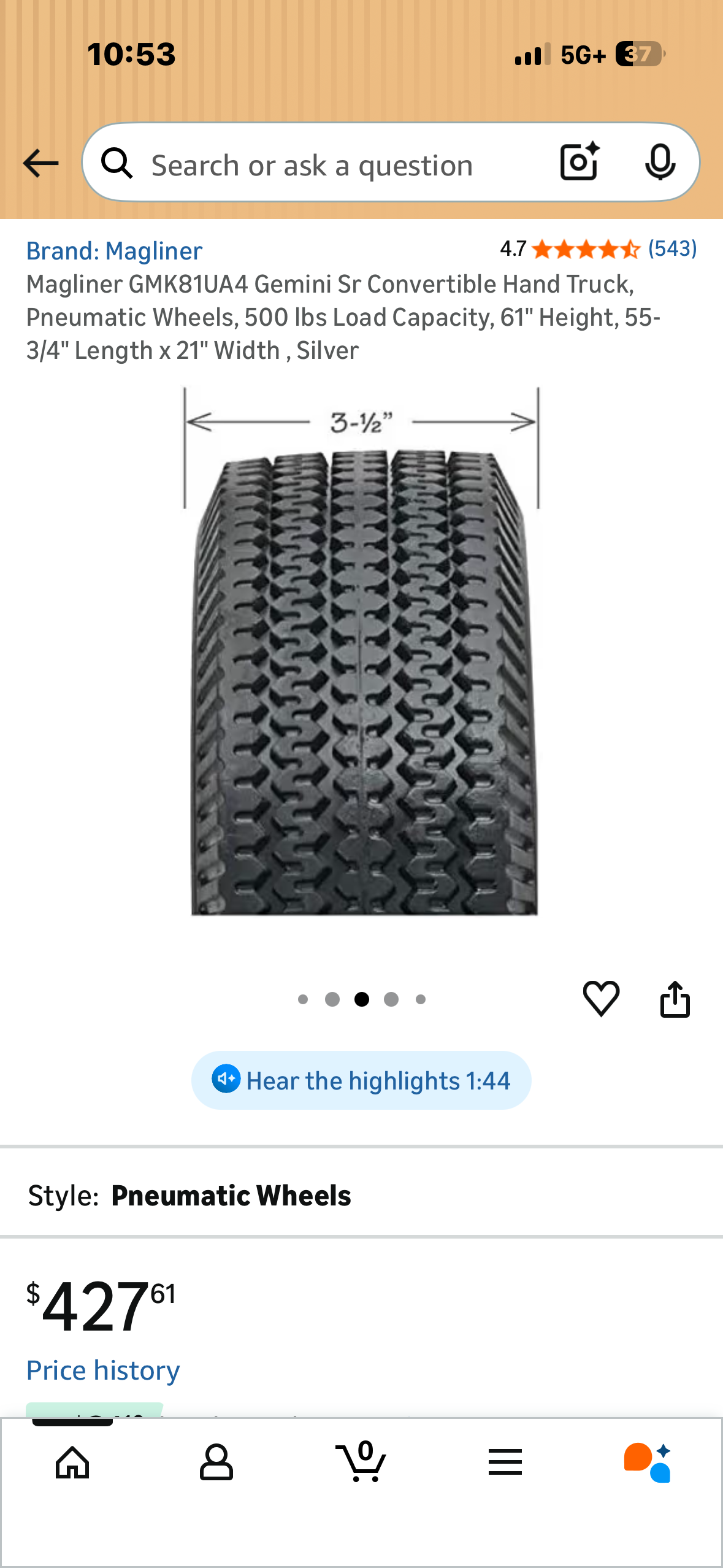 Magliner GMK81UA4 Gemini Sr Convertible Hand Truck, Pneumatic Wheels, 500 Ibs Load Capacity, 61" Height, 55-
3/4" Length × 21" Width, Silver (G1025)