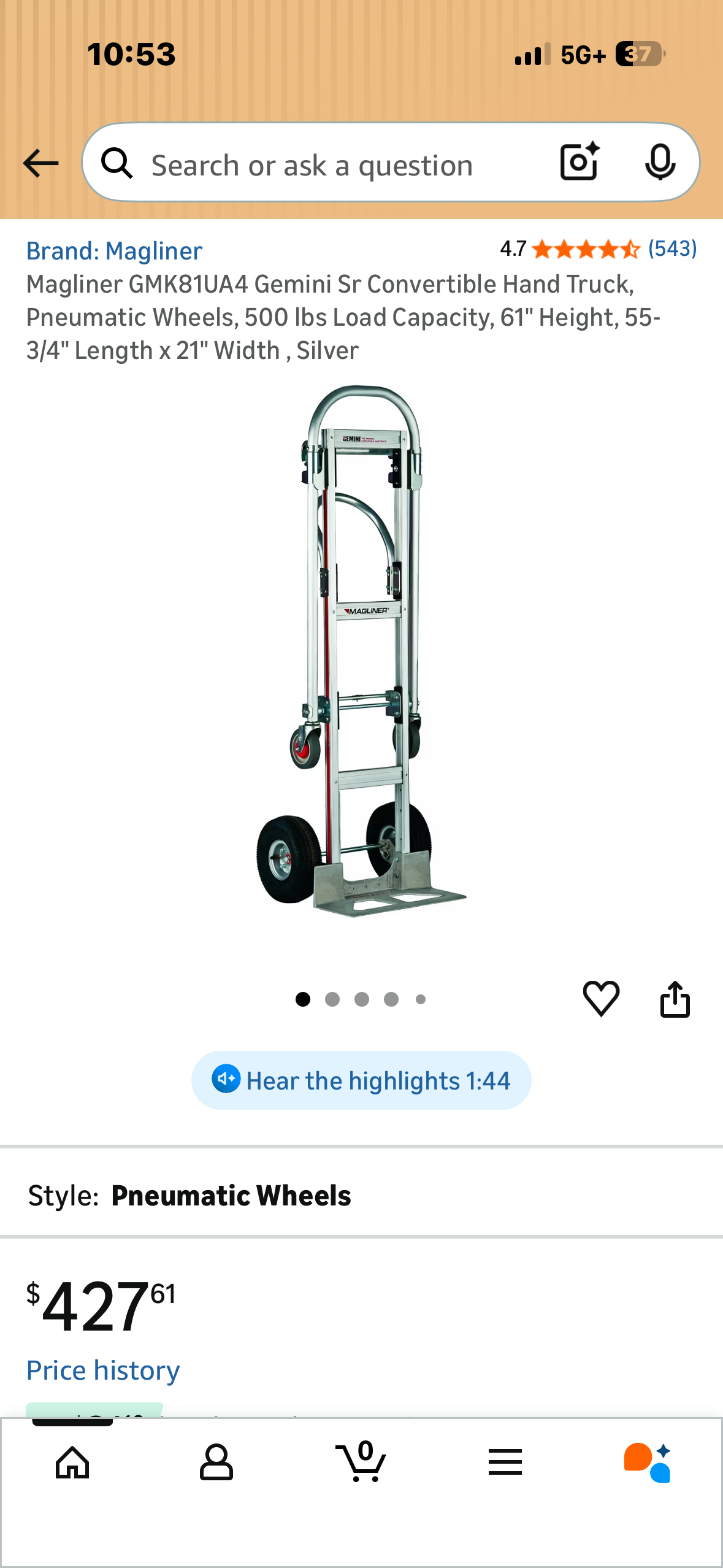 Magliner GMK81UA4 Gemini Sr Convertible Hand Truck, Pneumatic Wheels, 500 Ibs Load Capacity, 61" Height, 55-
3/4" Length × 21" Width, Silver (G1025)