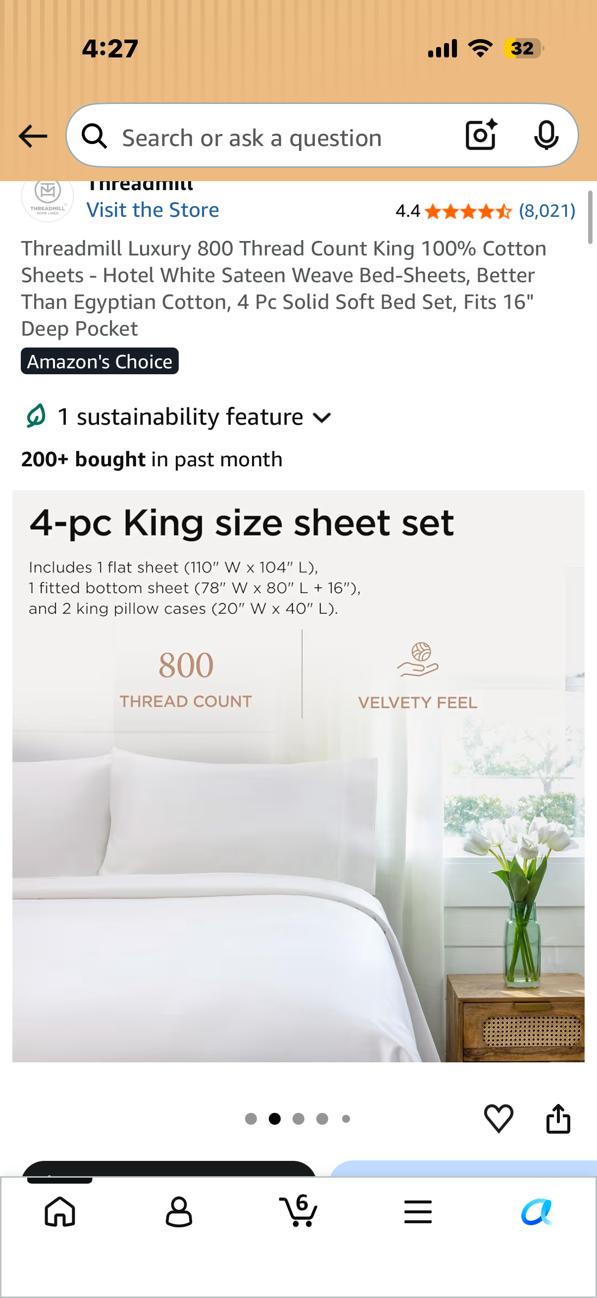 Threadmill Luxury 800 Thread Count King 100% Cotton Sheets - Hotel White Sateen Weave Bed-Sheets, Better Than Egyptian Cotton, 4 Pc Solid Soft Bed Set, Fits 16" Deep Pocket