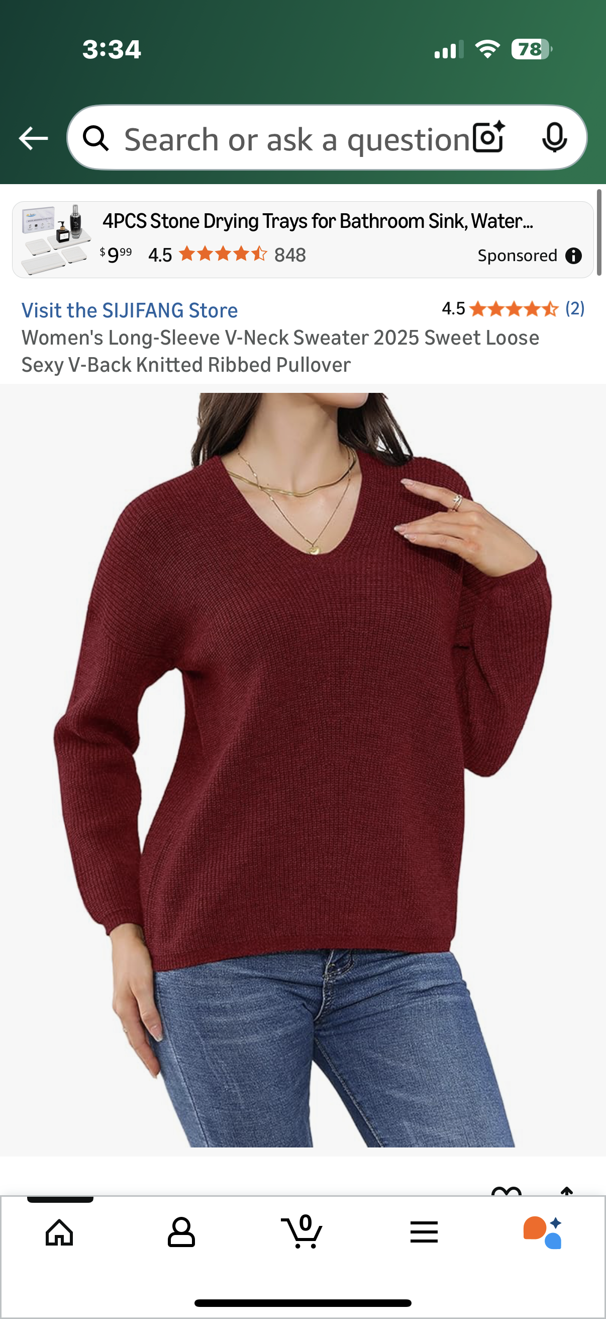 Women's Long-Sleeve V-Neck Sweater 2025 Sweet Loose V-Back Knitted Ribbed Pullover (Size Small)