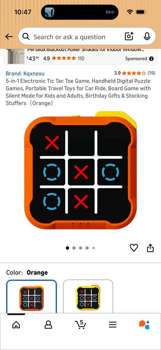 5-in-1 Electronic Tic Tac Toe Game, Handheld Digital Puzzle Games, Portable Travel Toys for Car Ride, Board Game with Silent Mode for Kids and Adults, Birthday Gifts & Stocking Stuffers（Orange）