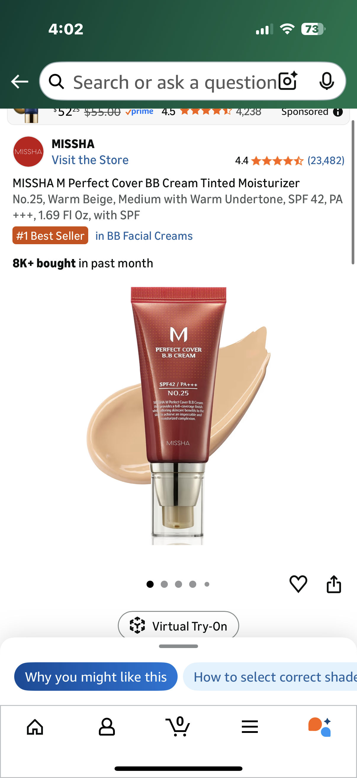 MISSHA M Perfect Cover BB Cream Tinted Moisturizer
No.25, Warm Beige, Medium with Warm Undertone, SPF 42, PA +++, 1.69 Fl Oz, with SPF
