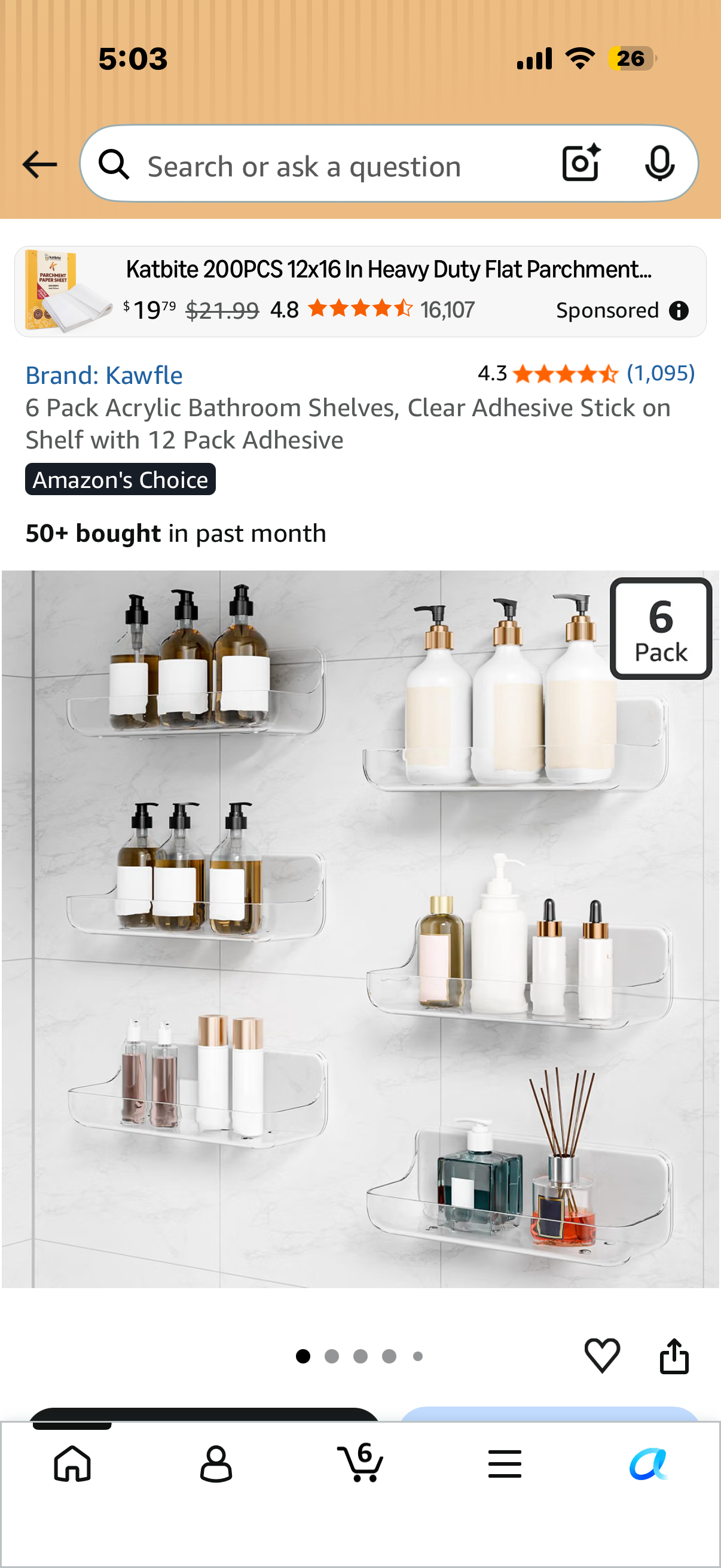 6 Pack Acrylic Bathroom Shelves, Clear Adhesive Stick on Shelf with 12 Pack Adhesive