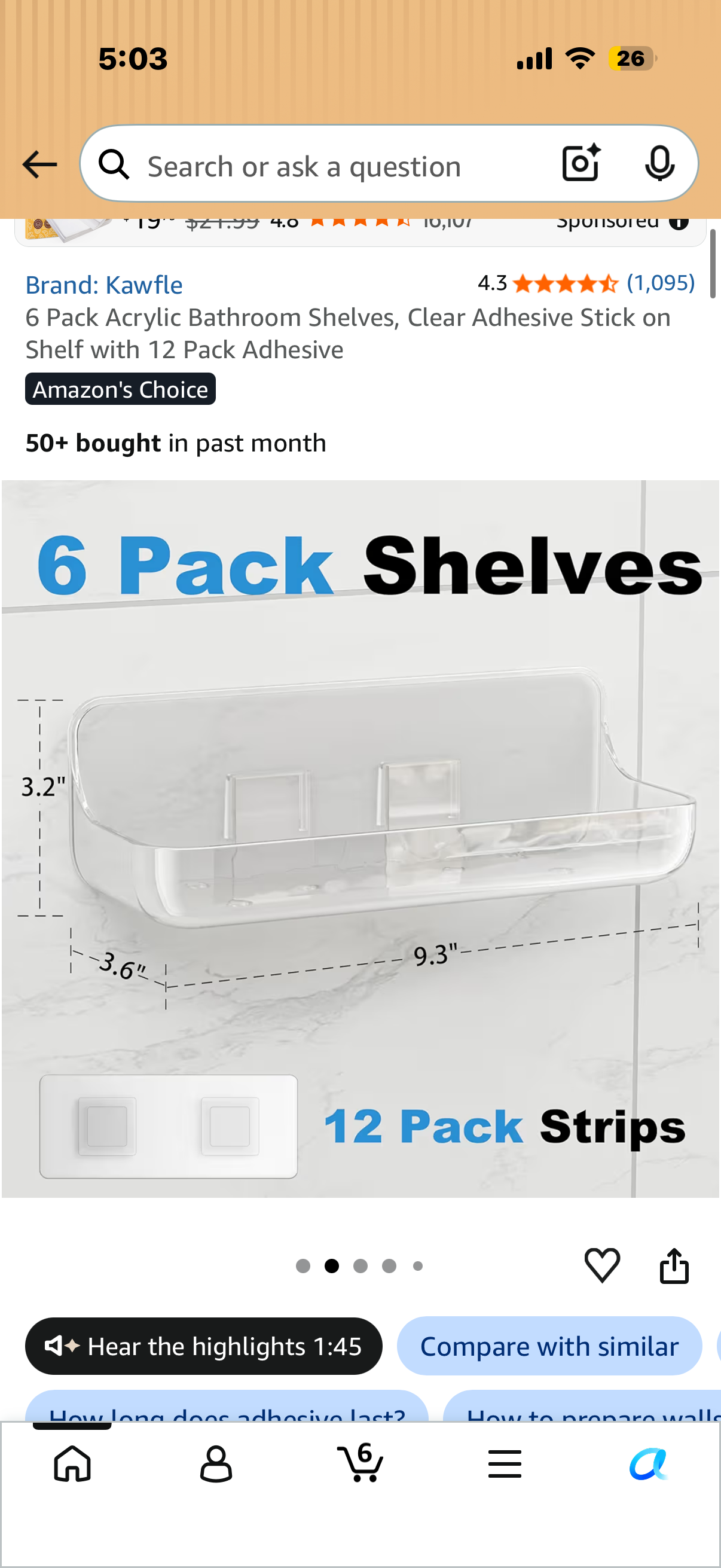 6 Pack Acrylic Bathroom Shelves, Clear Adhesive Stick on Shelf with 12 Pack Adhesive