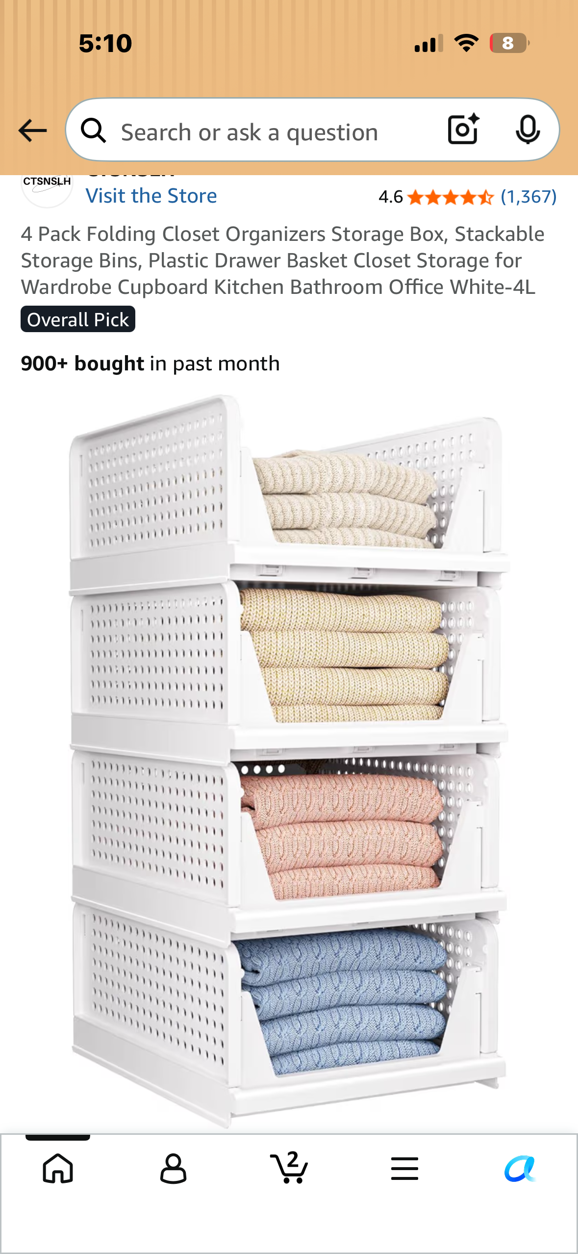 4 Pack Folding Closet Organizers, Stackable Storage Bins, Plastic Drawer Basket Closet Storage for Wardrobe, Cupboard, Kitchen, Bathroom, Office White-4L