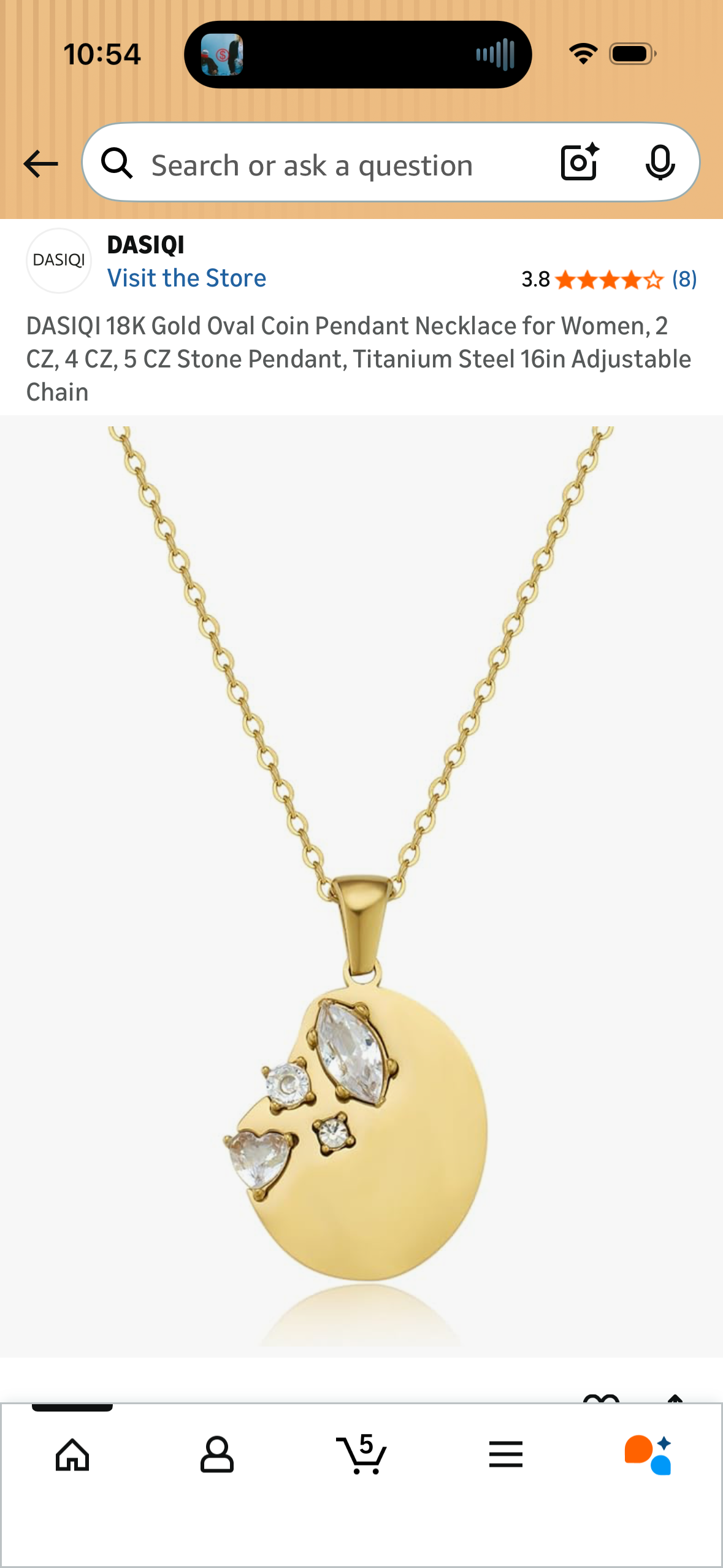 DASIQI 18K Gold Oval Coin Pendant Necklace for Women, 2 CZ, 4 CZ, 5 CZ Stone Pendant, Titanium Steel 16in Adjustable Chain