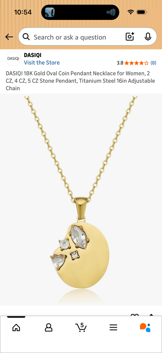 DASIQI 18K Gold Oval Coin Pendant Necklace for Women, 2 CZ, 4 CZ, 5 CZ Stone Pendant, Titanium Steel 16in Adjustable Chain