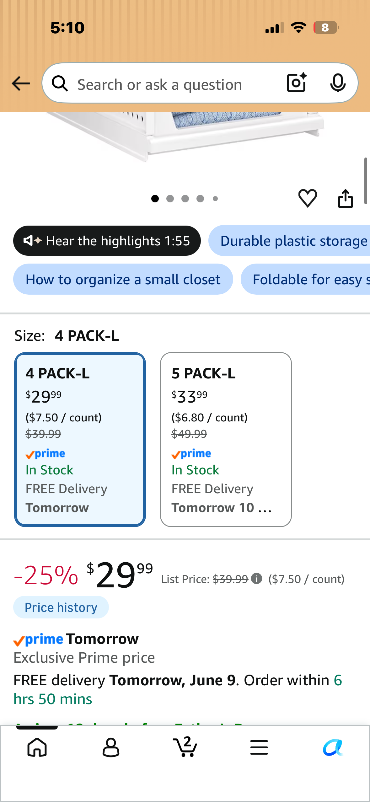 4 Pack Folding Closet Organizers, Stackable Storage Bins, Plastic Drawer Basket Closet Storage for Wardrobe, Cupboard, Kitchen, Bathroom, Office White-4L