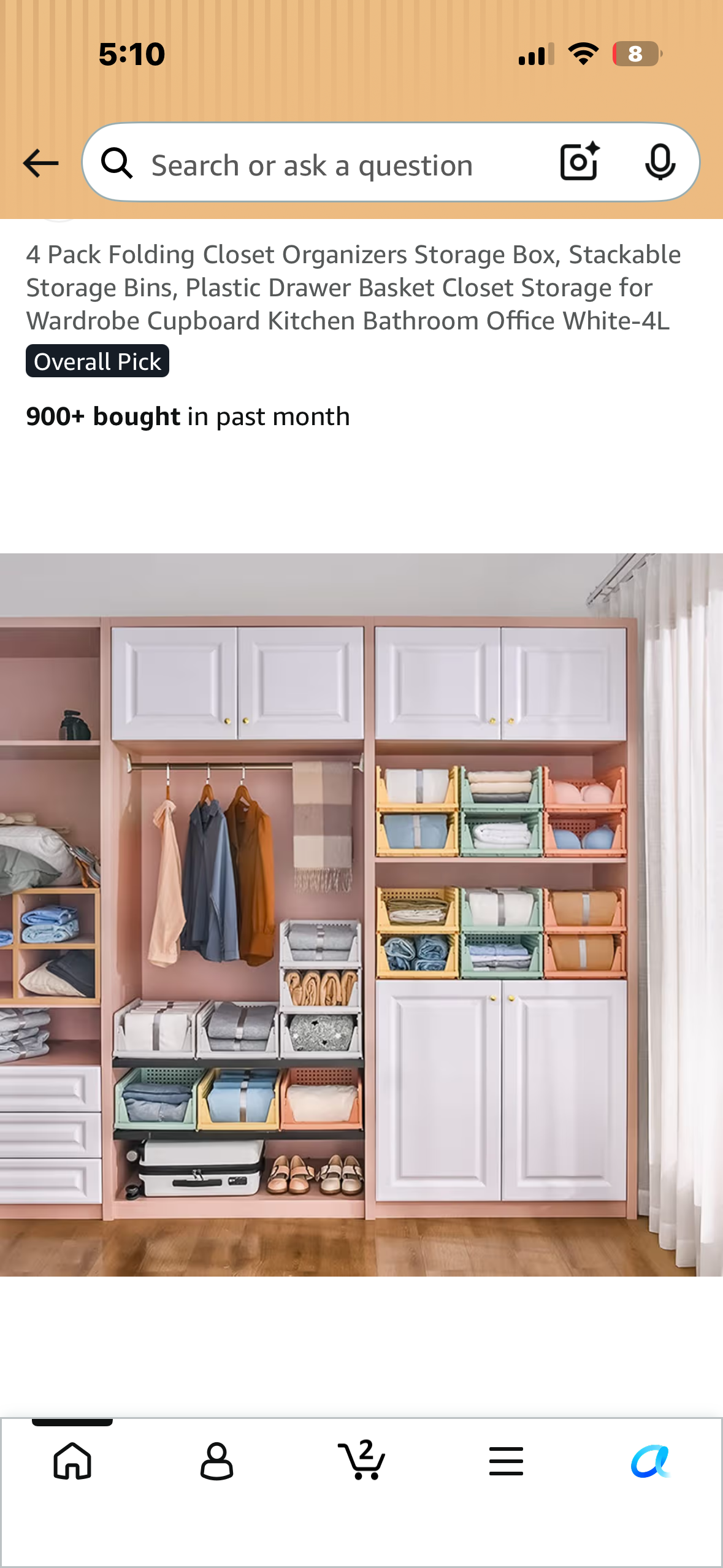 4 Pack Folding Closet Organizers, Stackable Storage Bins, Plastic Drawer Basket Closet Storage for Wardrobe, Cupboard, Kitchen, Bathroom, Office White-4L