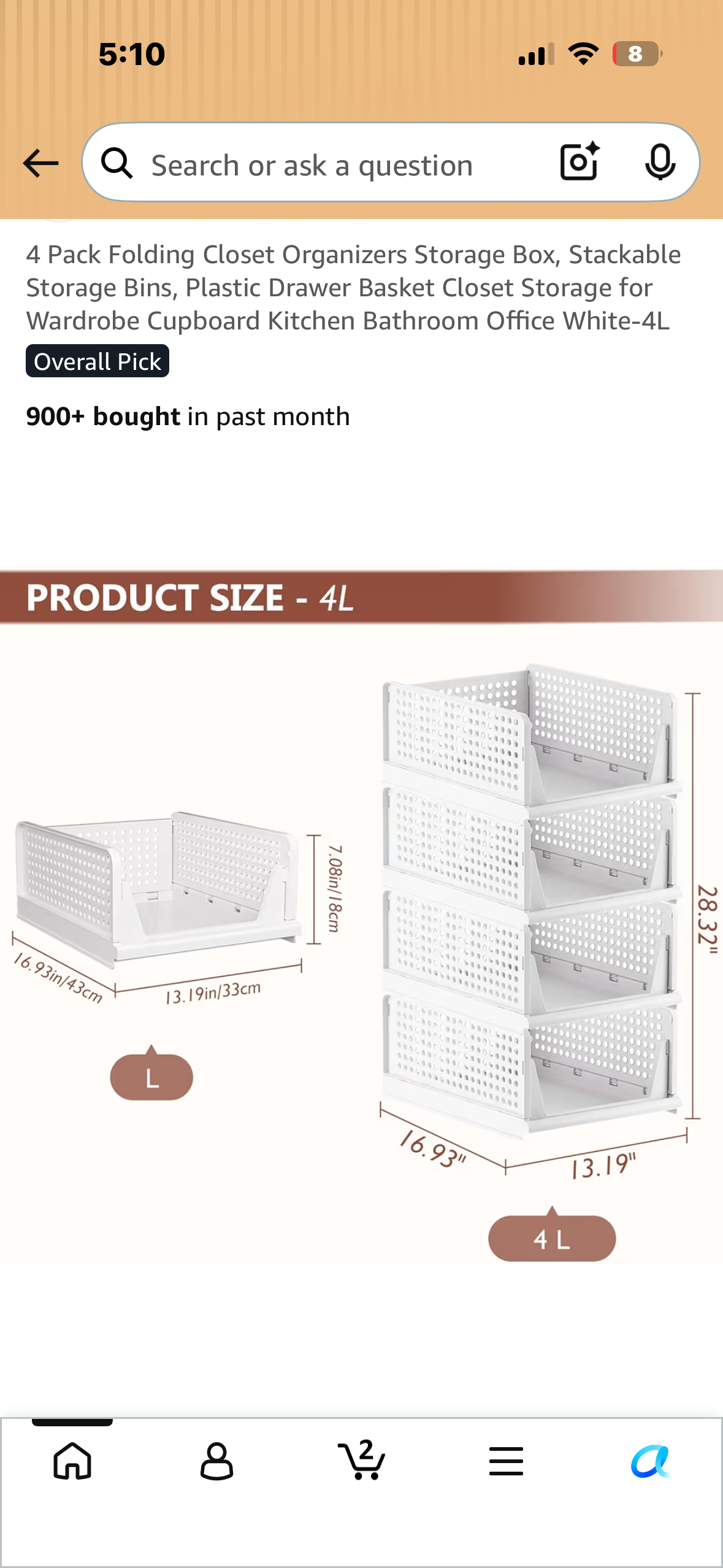 4 Pack Folding Closet Organizers, Stackable Storage Bins, Plastic Drawer Basket Closet Storage for Wardrobe, Cupboard, Kitchen, Bathroom, Office White-4L