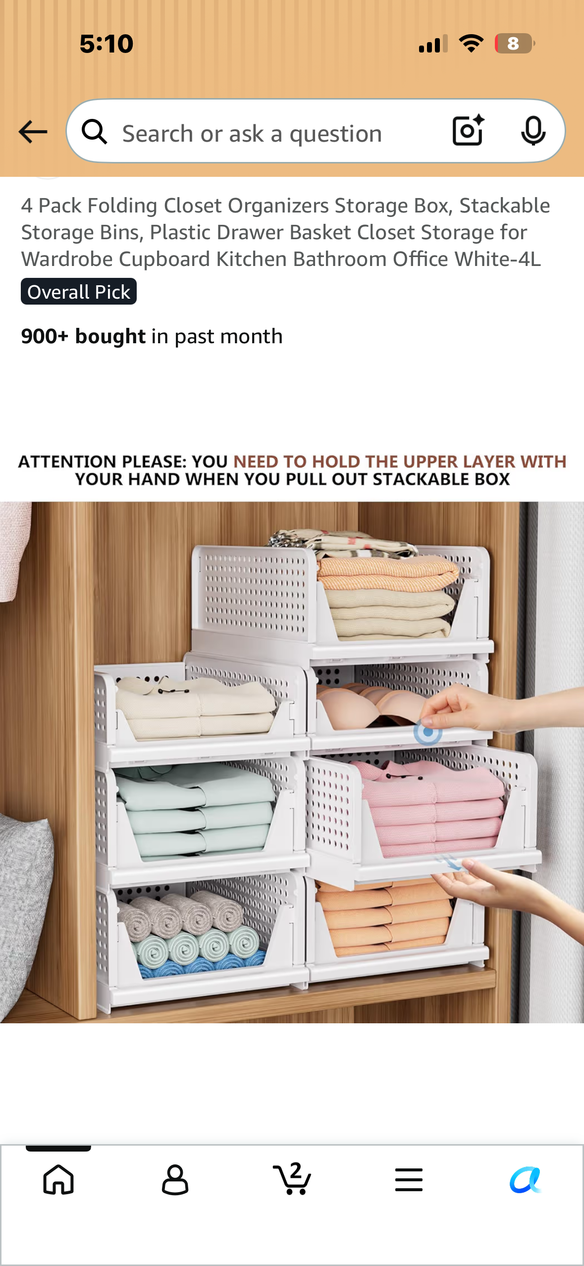 4 Pack Folding Closet Organizers, Stackable Storage Bins, Plastic Drawer Basket Closet Storage for Wardrobe, Cupboard, Kitchen, Bathroom, Office White-4L