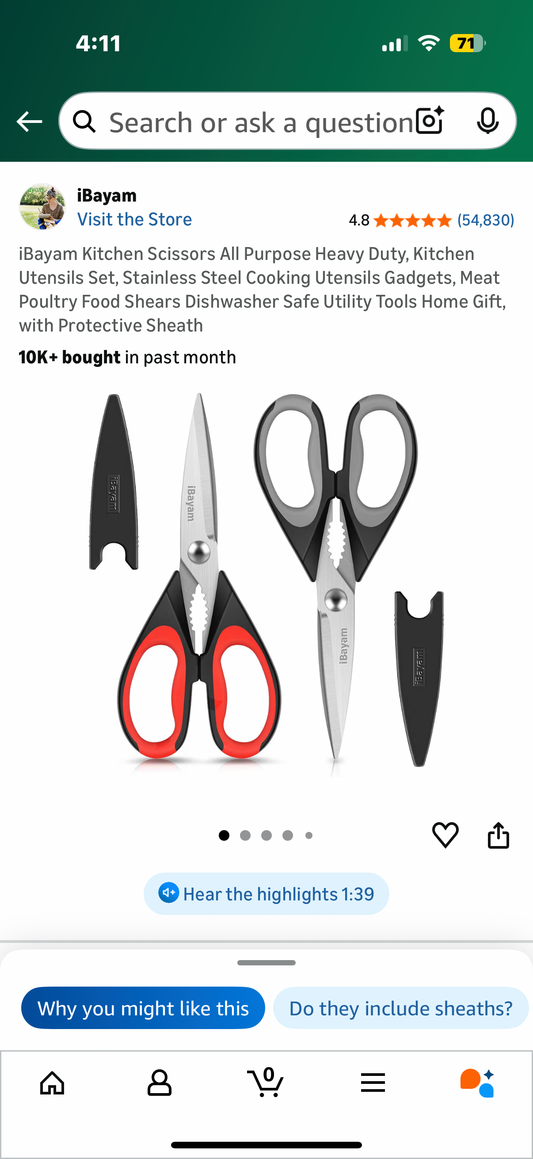 iBayam Kitchen Scissors All Purpose Heavy Duty, Kitchen Utensils Set, Stainless Steel Cooking Utensils Gadgets, Meat Poultry Food Shears Dishwasher Safe Utility Tools Home Gift, with Protective Sheath