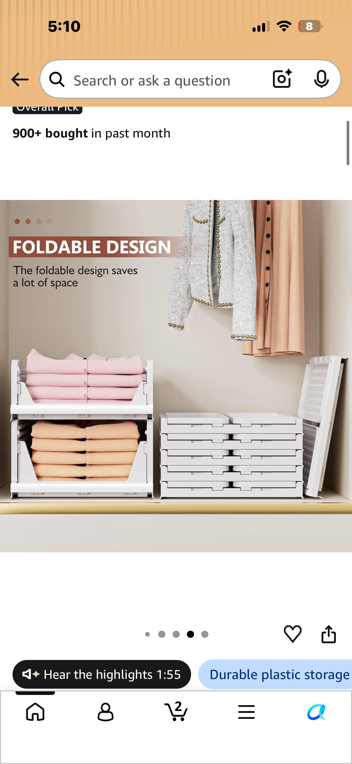 4 Pack Folding Closet Organizers, Stackable Storage Bins, Plastic Drawer Basket Closet Storage for Wardrobe, Cupboard, Kitchen, Bathroom, Office White-4L