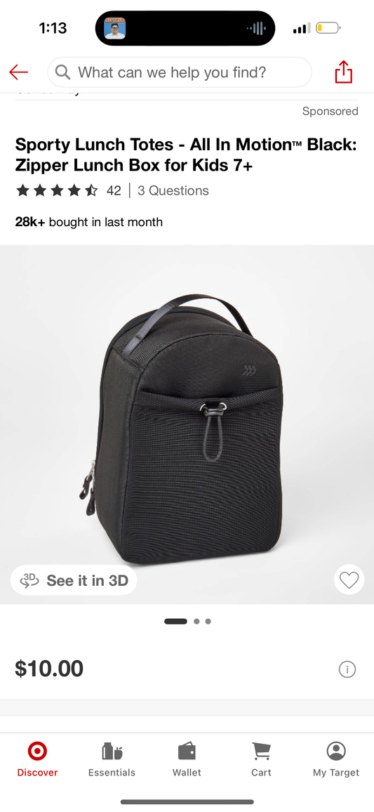Sporty Lunch Totes - All In Motion™ Black: Zipper Lunch Box for Kids 7+