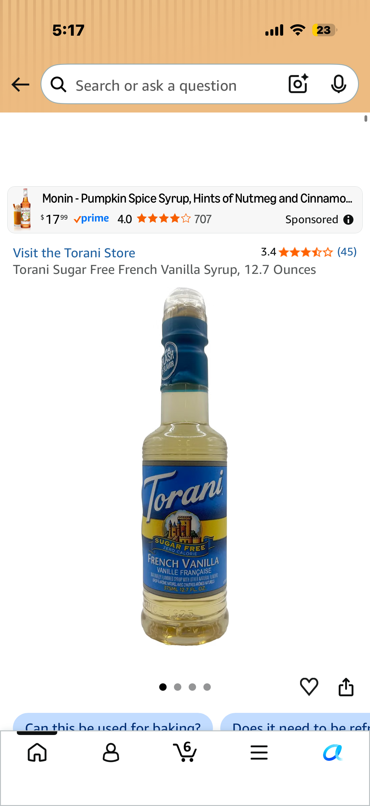 Torani Sugar Free French Vanilla Syrup, 12.7 Ounces