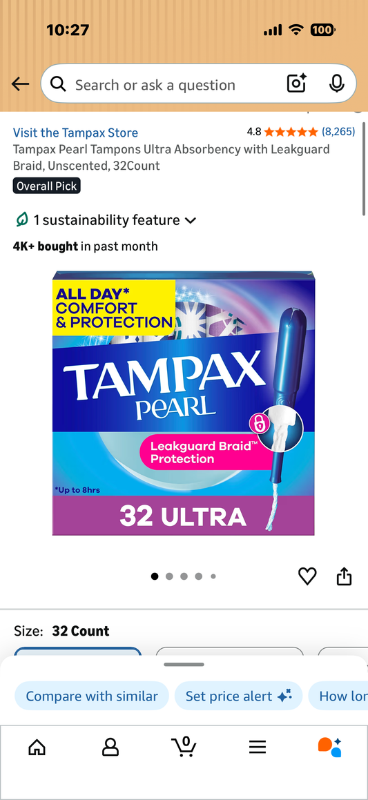 Tampax Pearl Tampons Ultra Absorbency with Leakguard Braid, Unscented, 32Count