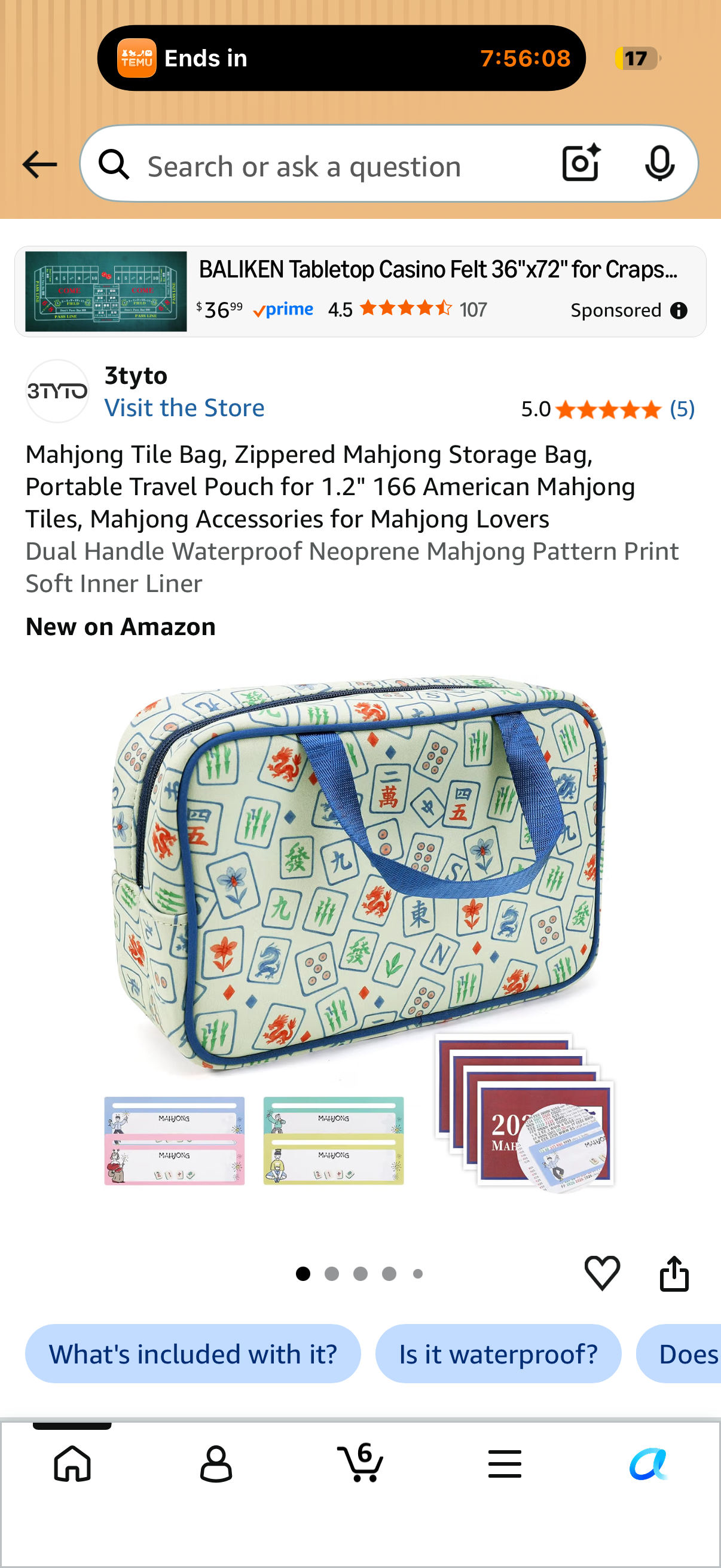 Mahjong Tile Bag, Zippered Mahjong Storage Bag, Portable Travel Pouch for 1.2" 166 American Mahjong Tiles, Mahjong Accessories for Mahjong Lovers Dual Handle Waterproof Neoprene Mahjong Pattern Print Soft Inner Liner