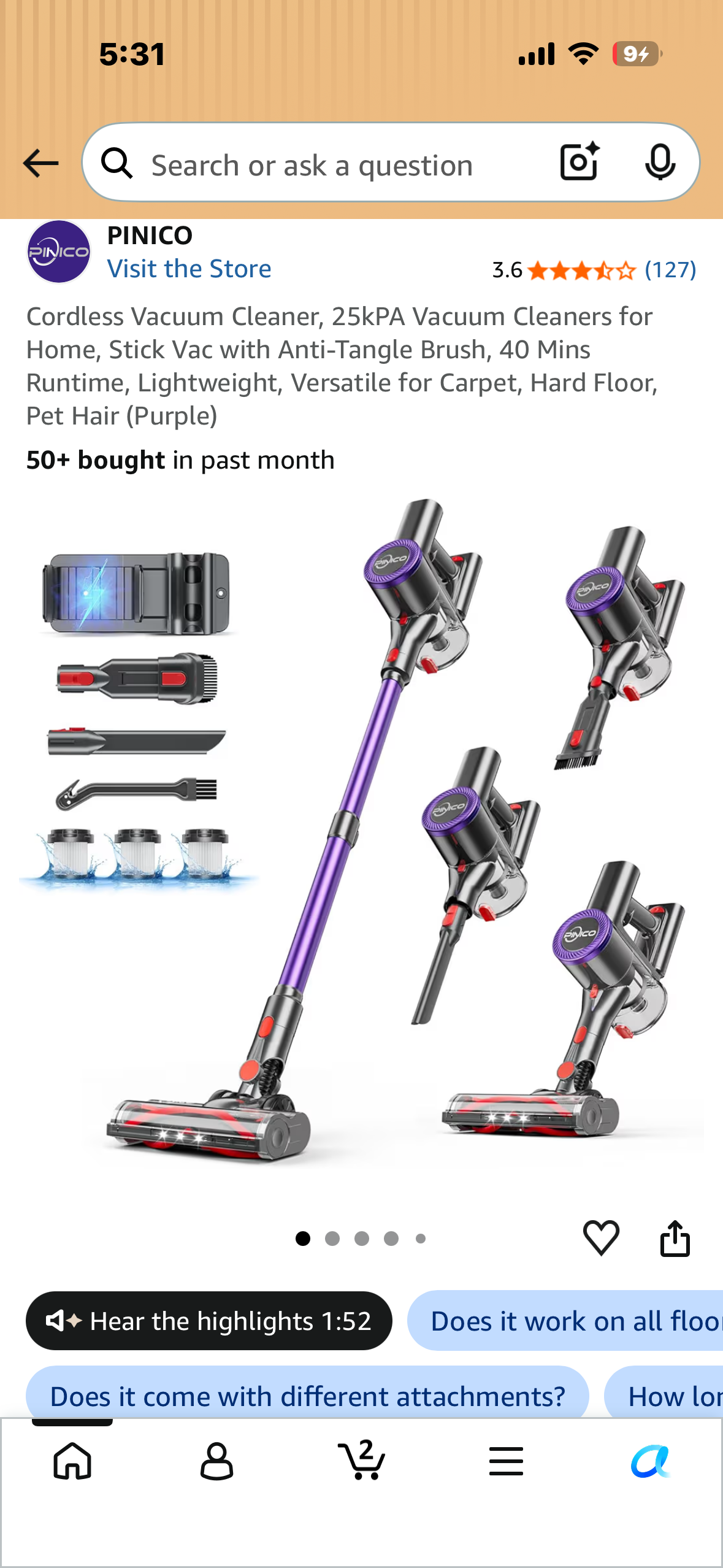 Cordless Vacuum Cleaner, 25kPA Vacuum Cleaners for Home, Stick Vac with Anti-Tangle Brush, 40 Mins Runtime, Lightweight, Versatile for Carpet, Hard Floor, Pet Hair (Purple)