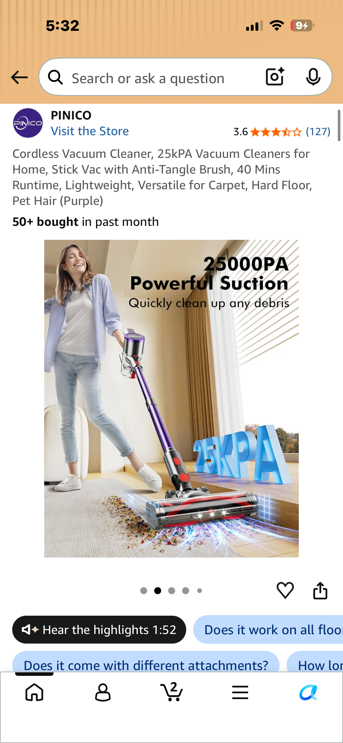 Cordless Vacuum Cleaner, 25kPA Vacuum Cleaners for Home, Stick Vac with Anti-Tangle Brush, 40 Mins Runtime, Lightweight, Versatile for Carpet, Hard Floor, Pet Hair (Purple)