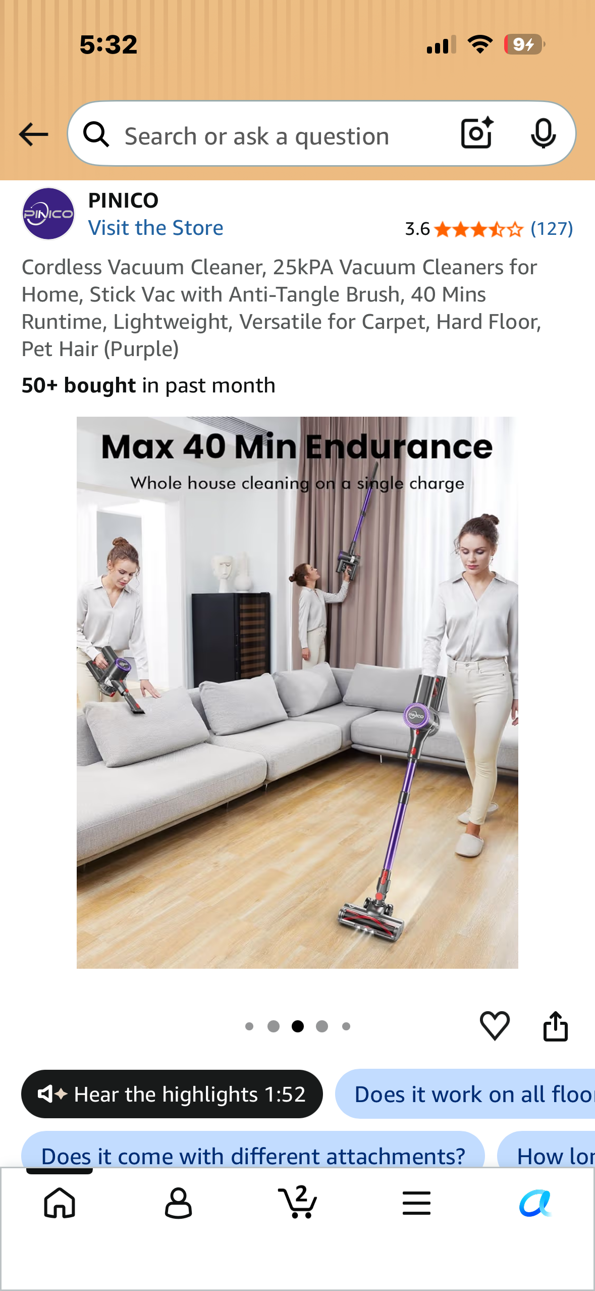 Cordless Vacuum Cleaner, 25kPA Vacuum Cleaners for Home, Stick Vac with Anti-Tangle Brush, 40 Mins Runtime, Lightweight, Versatile for Carpet, Hard Floor, Pet Hair (Purple)