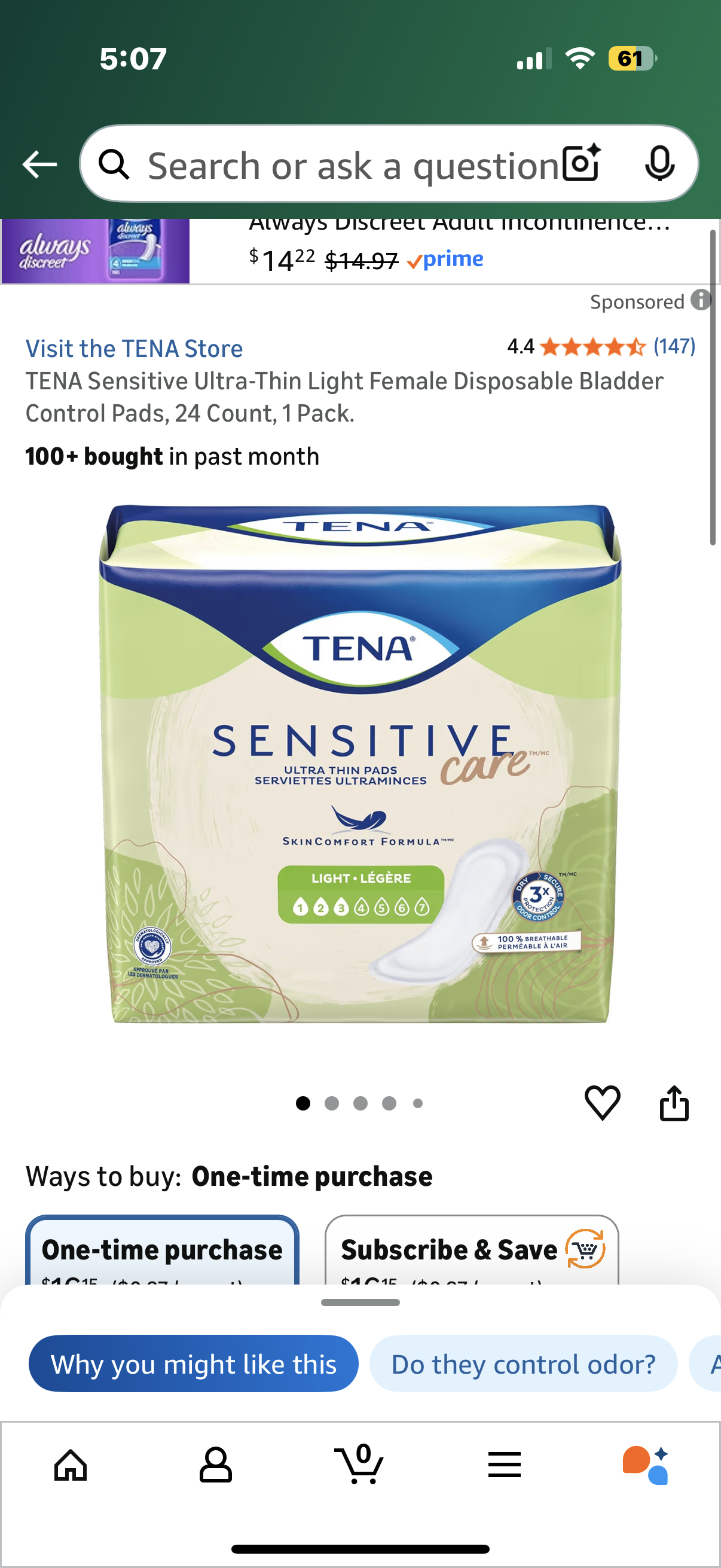 TENA Sensitive Ultra-Thin Light Female Disposable Bladder Control Pads, 24 Count, 1 Pack.