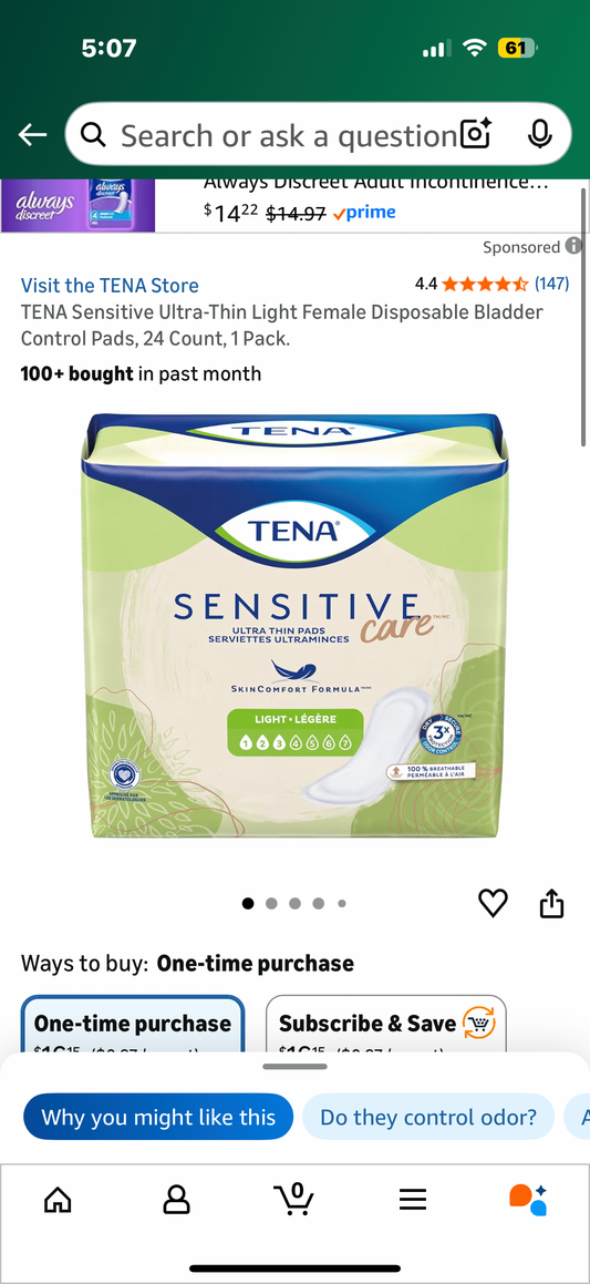 TENA Sensitive Ultra-Thin Light Female Disposable Bladder Control Pads, 24 Count, 1 Pack.