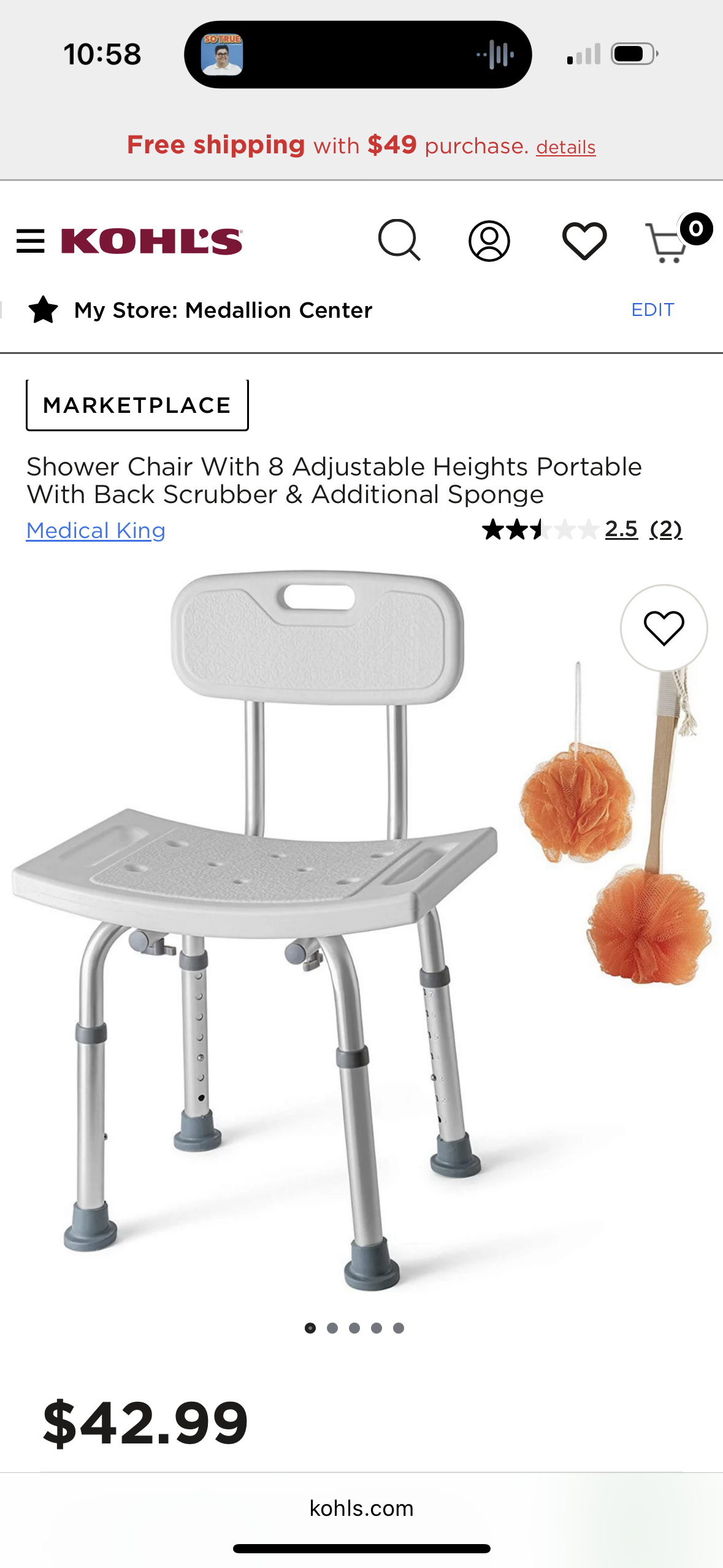 Shower Chair With 8 Adjustable Heights Portable With Back Scrubber & Additional Sponge