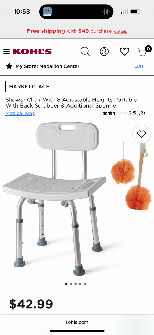 Shower Chair With 8 Adjustable Heights Portable With Back Scrubber & Additional Sponge