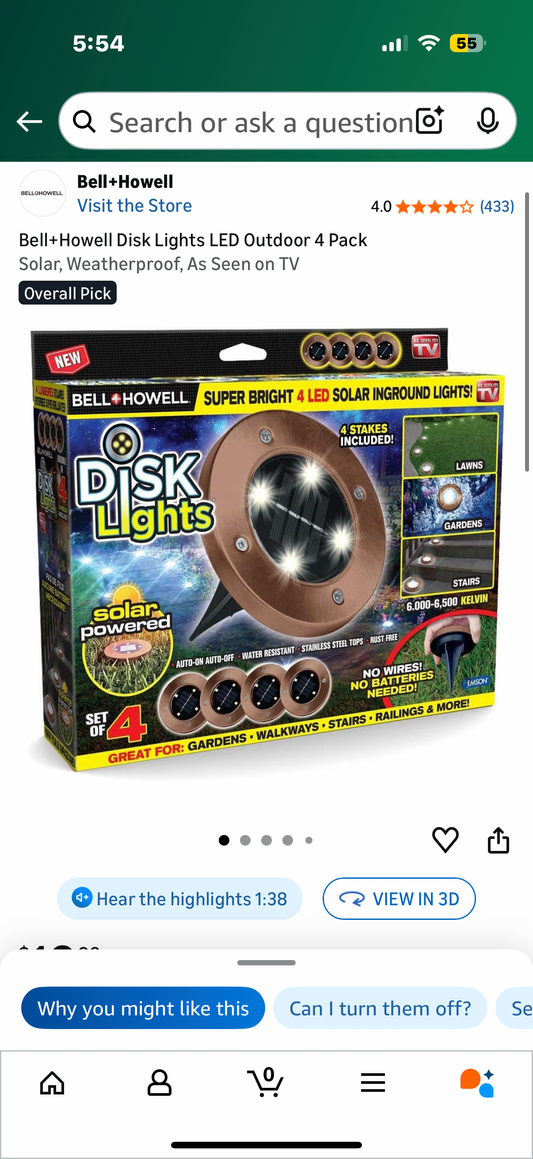 Bell+Howell Disk Lights LED Outdoor 4 Pack Solar, Weatherproof, As Seen on TV