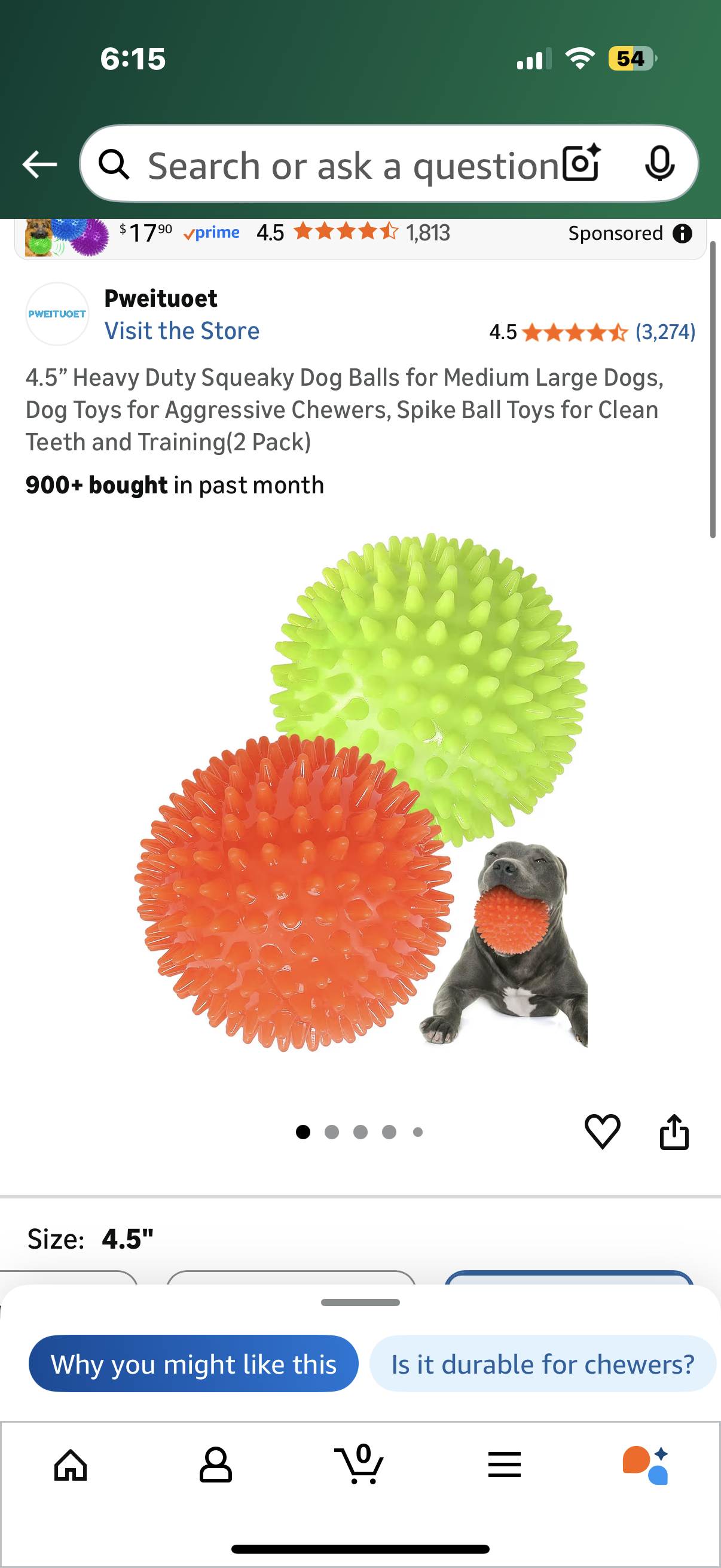 4.5” Heavy Duty Squeaky Dog Balls for Medium Large Dogs, Dog Toys for Aggressive Chewers, Spike Ball Toys for Clean Teeth and Training(2 Pack)