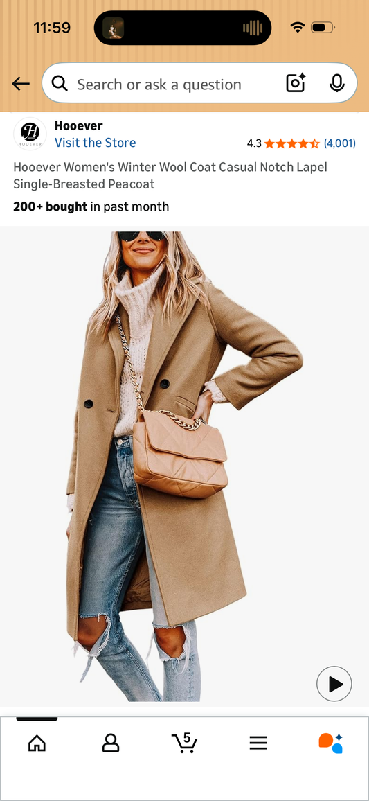 Hooever Women's Winter Wool Coat Casual Notch Lapel Single-Breasted Peacoat (Size X-Small)
