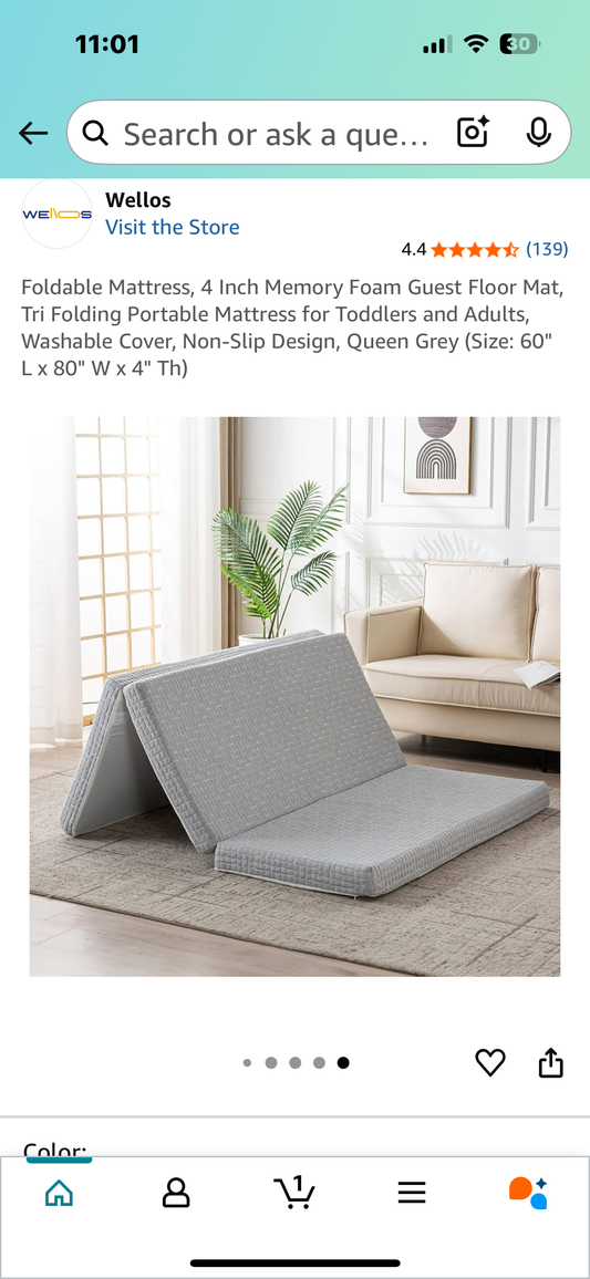 Foldable Mattress, 4 Inch Memory Foam Guest Floor Mat, Tri Folding Portable Mattress, Washable Cover, Non-Slip Design, Queen Grey (Size: 60" L x 80" W x 4" Th) (B887)