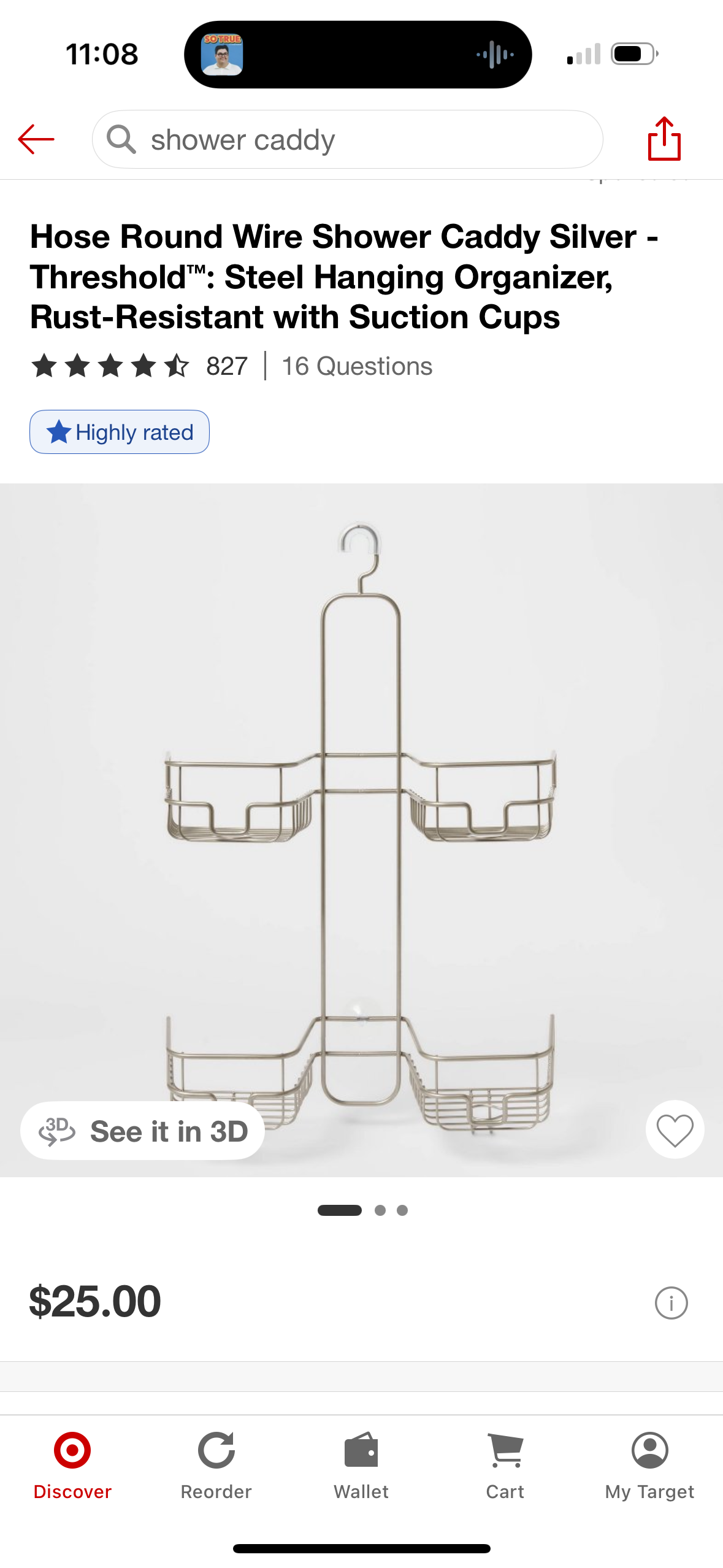 Hose Round Wire Shower Caddy Silver - Threshold™: Steel Hanging Organizer, Rust-Resistant with Suction Cups