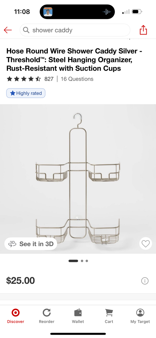 Hose Round Wire Shower Caddy Silver - Threshold™: Steel Hanging Organizer, Rust-Resistant with Suction Cups
